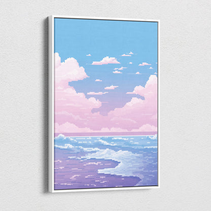 A framed pastel ocean pixel art canvas print with pink blue cloud seascape in a sleek white frame for calm coastal decor