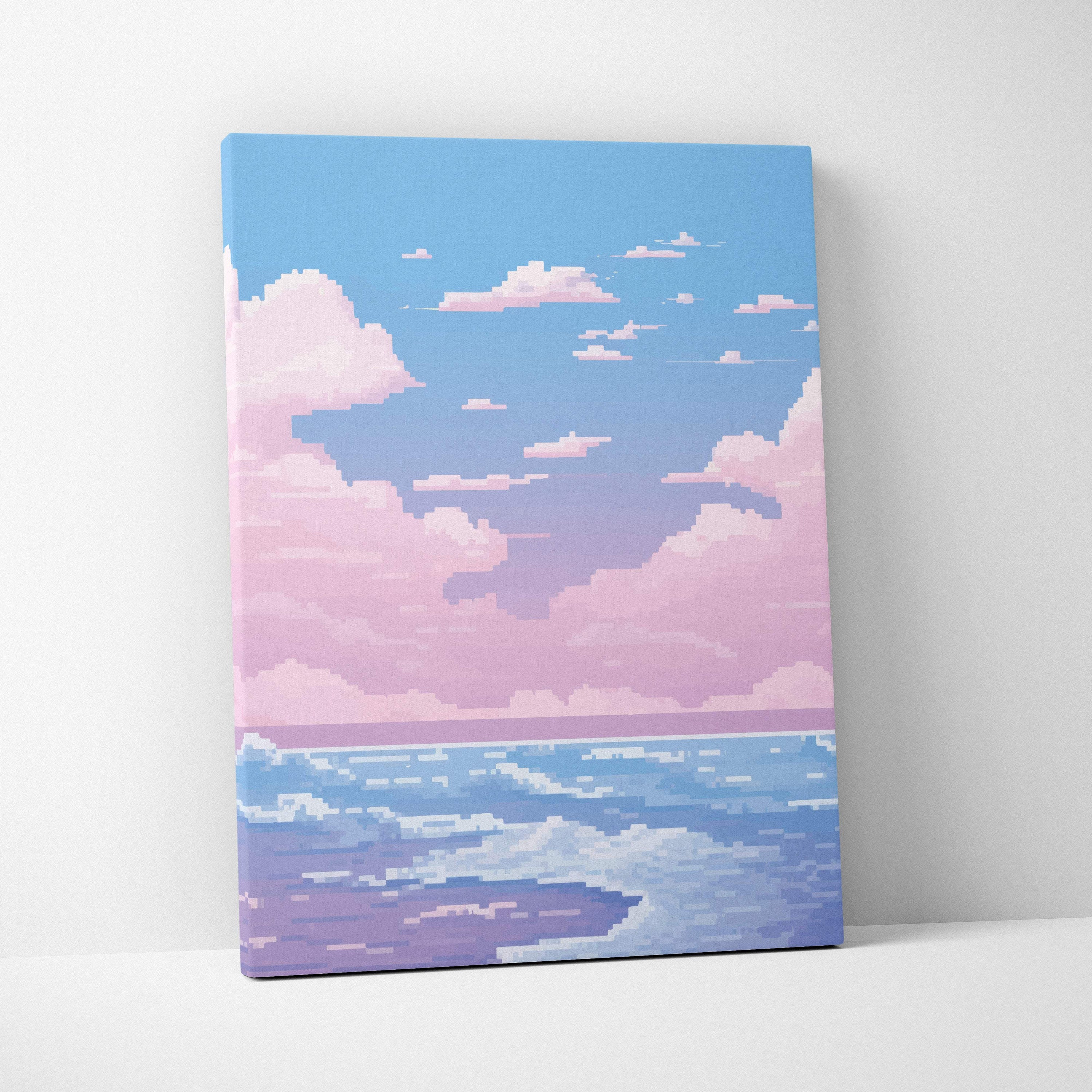 Pastel ocean pixel art canvas print with pink and blue serene seascape for calm coastal wall decor