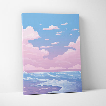 Pastel ocean pixel art canvas print with pink and blue serene seascape for calm coastal wall decor