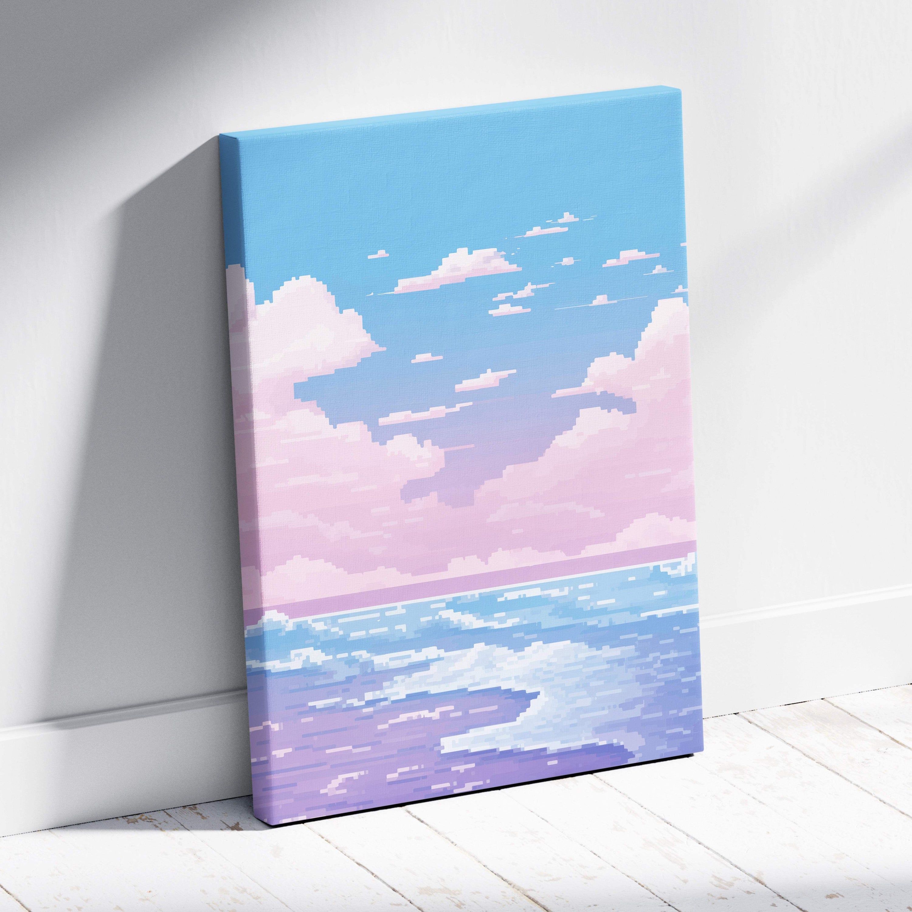 A rectangular canvas print of pastel ocean pixel art with pink blue cloud seascape for calm coastal decor