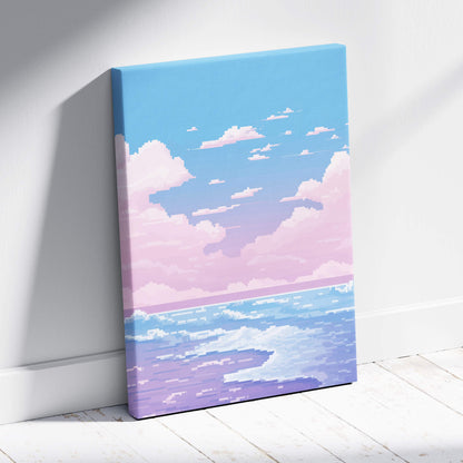 A rectangular canvas print of pastel ocean pixel art with pink blue cloud seascape for calm coastal decor