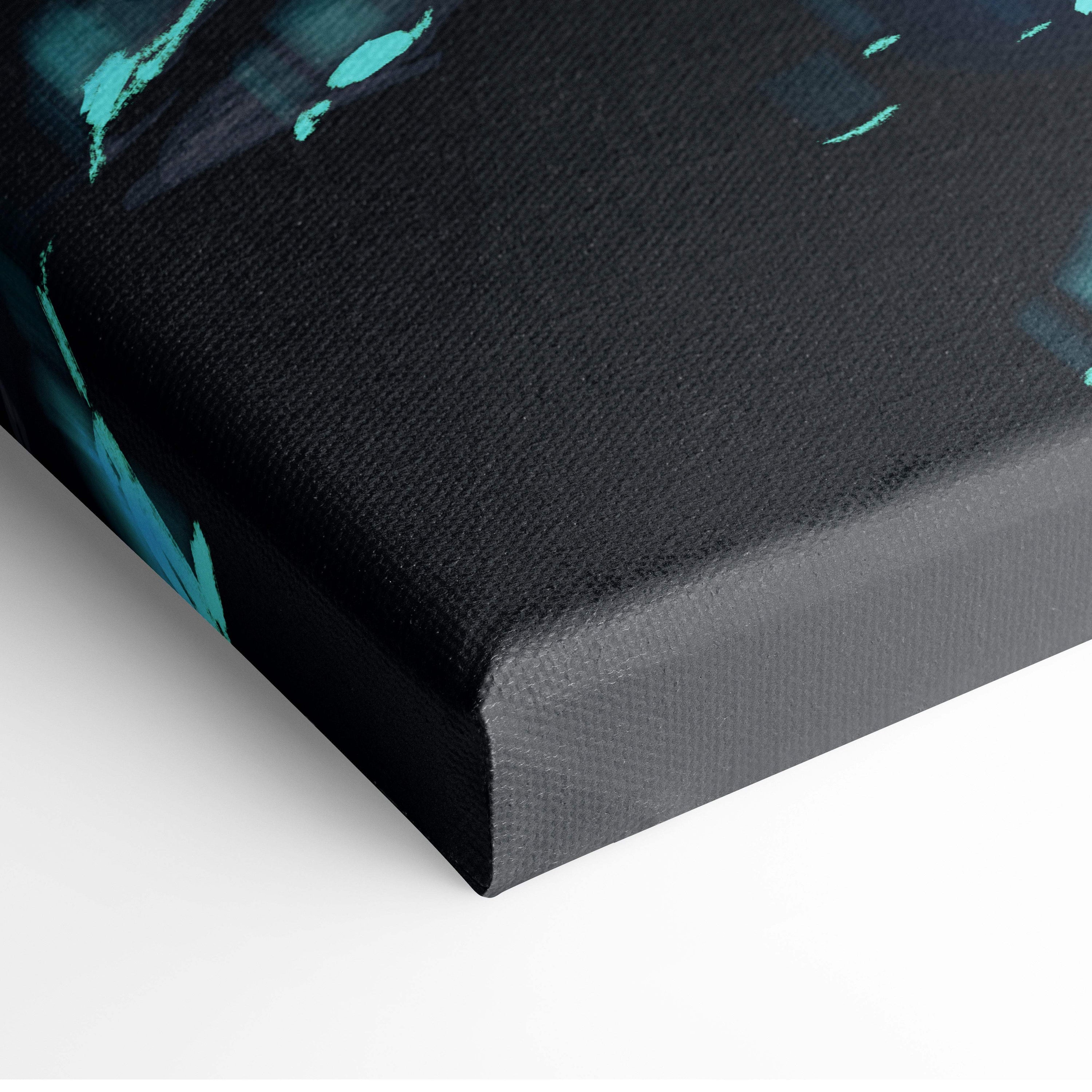 Teal black mystic warrior canvas wall art featuring teal abstract paint splatters on black canvas for gaming room decor