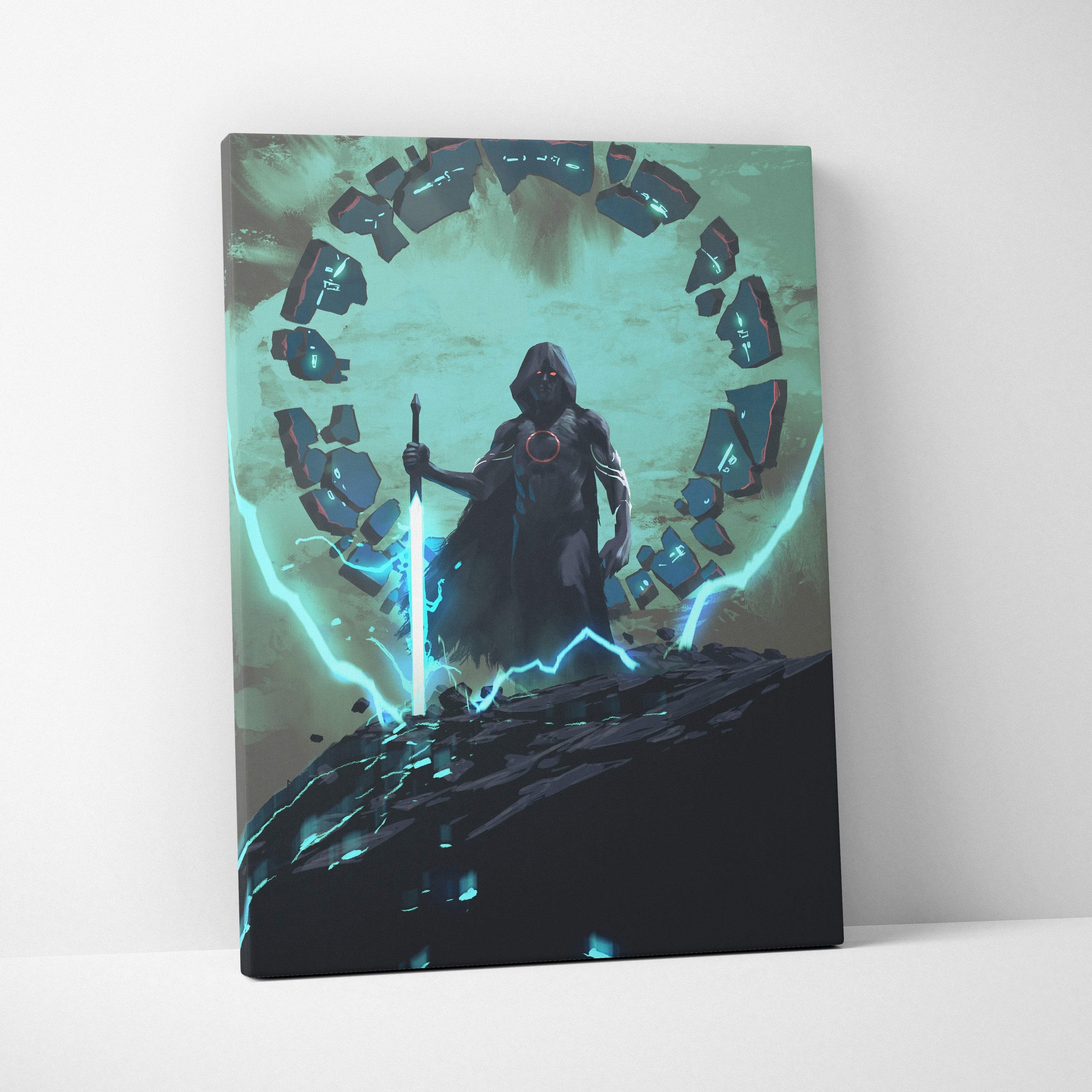Teal black mystic warrior canvas wall art showing a dark-robed fantasy warrior with glowing blue sword and lightning effects