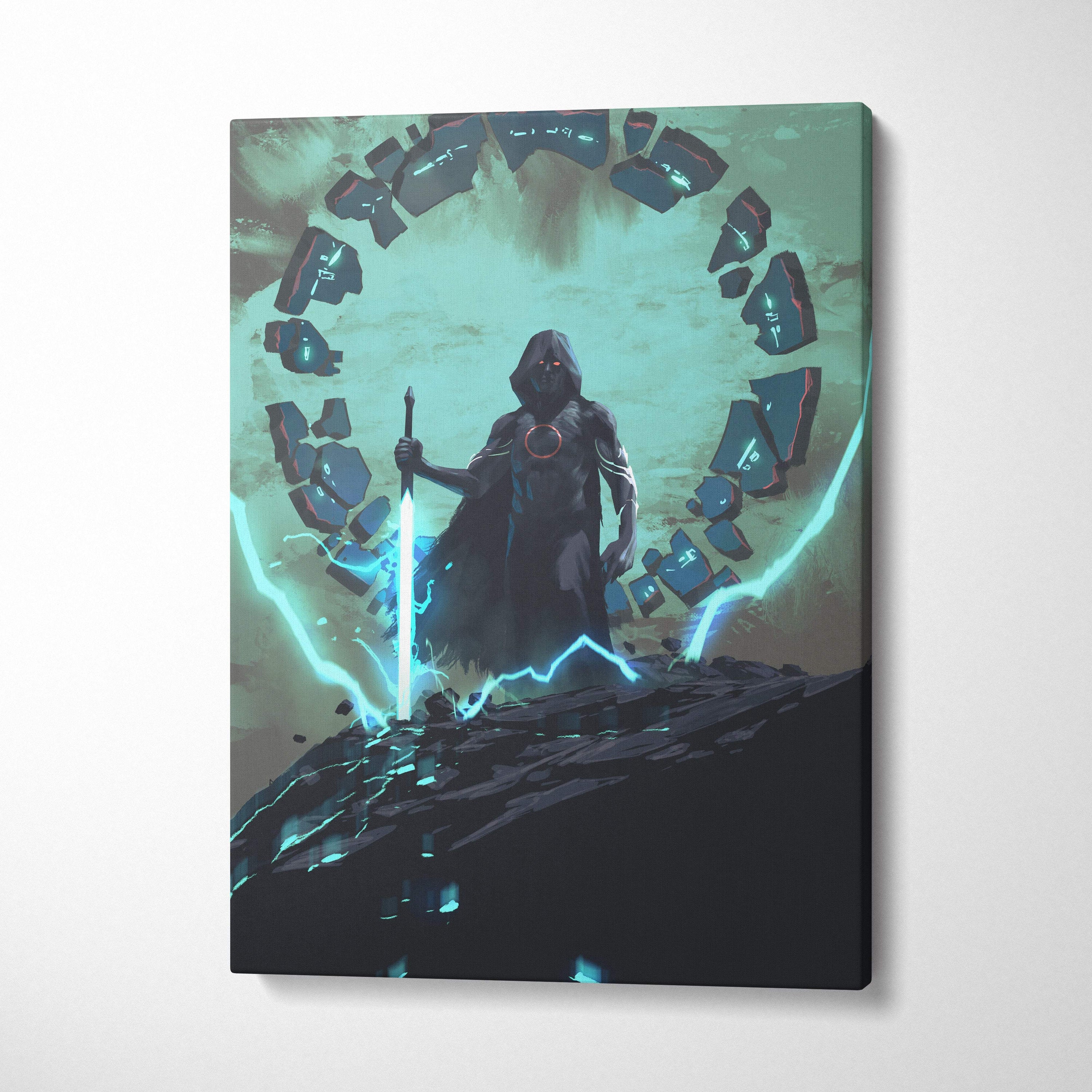 Teal black mystic warrior canvas wall art featuring a dark-robed figure with glowing sword and blue sci fi aura