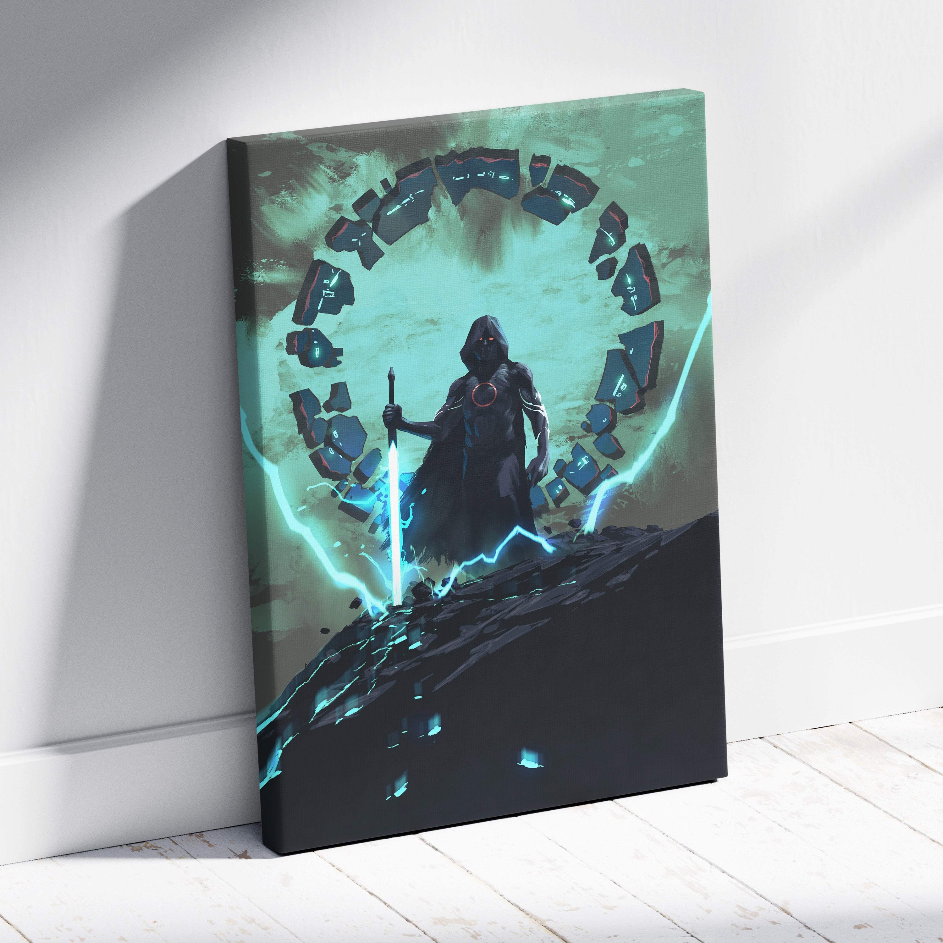 Framed canvas print of a teal black mystic warrior holding a glowing sword with shattered blue fragments artwork
