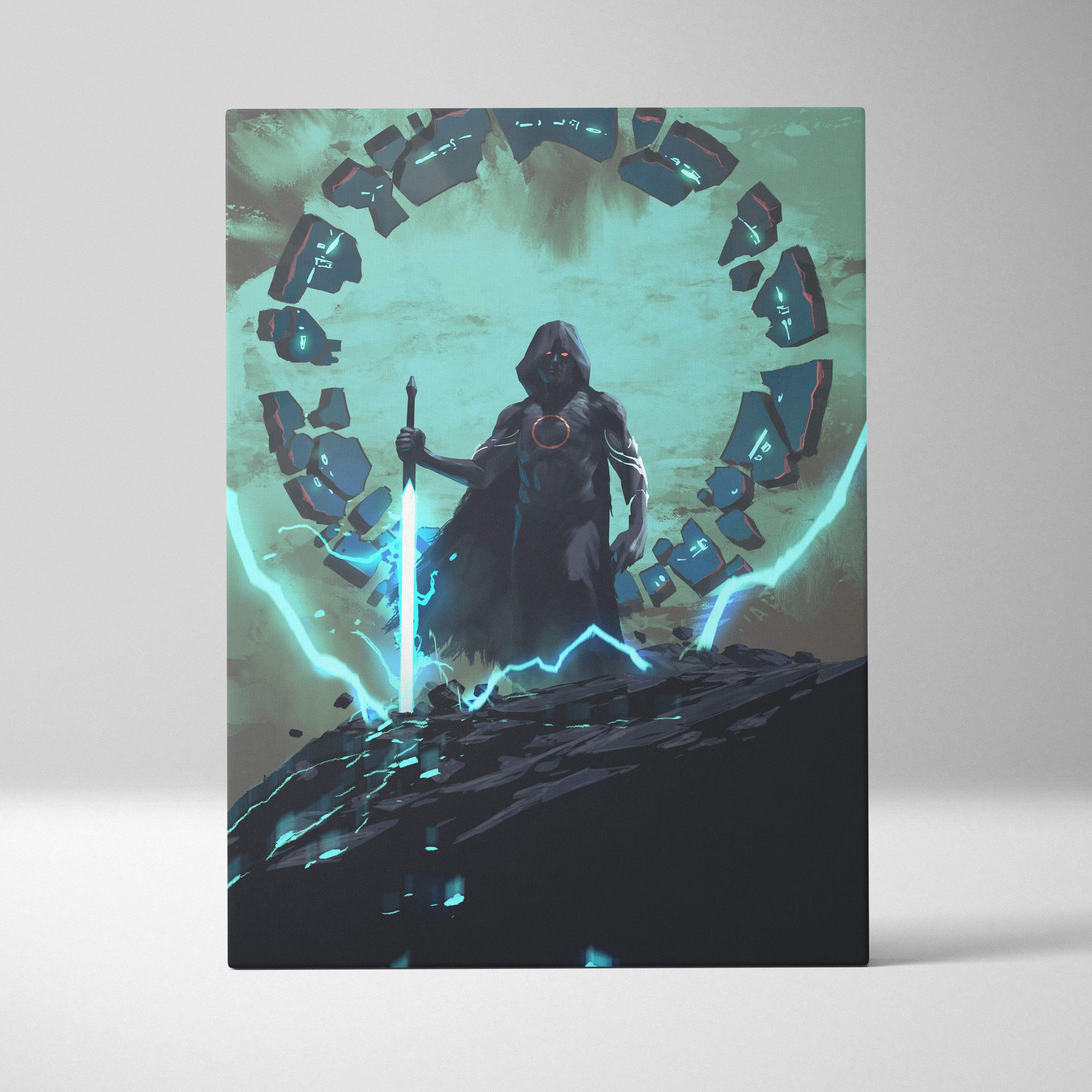 Teal black mystic warrior canvas wall art featuring a dark hooded figure with a glowing blue sword on rocky outcrop