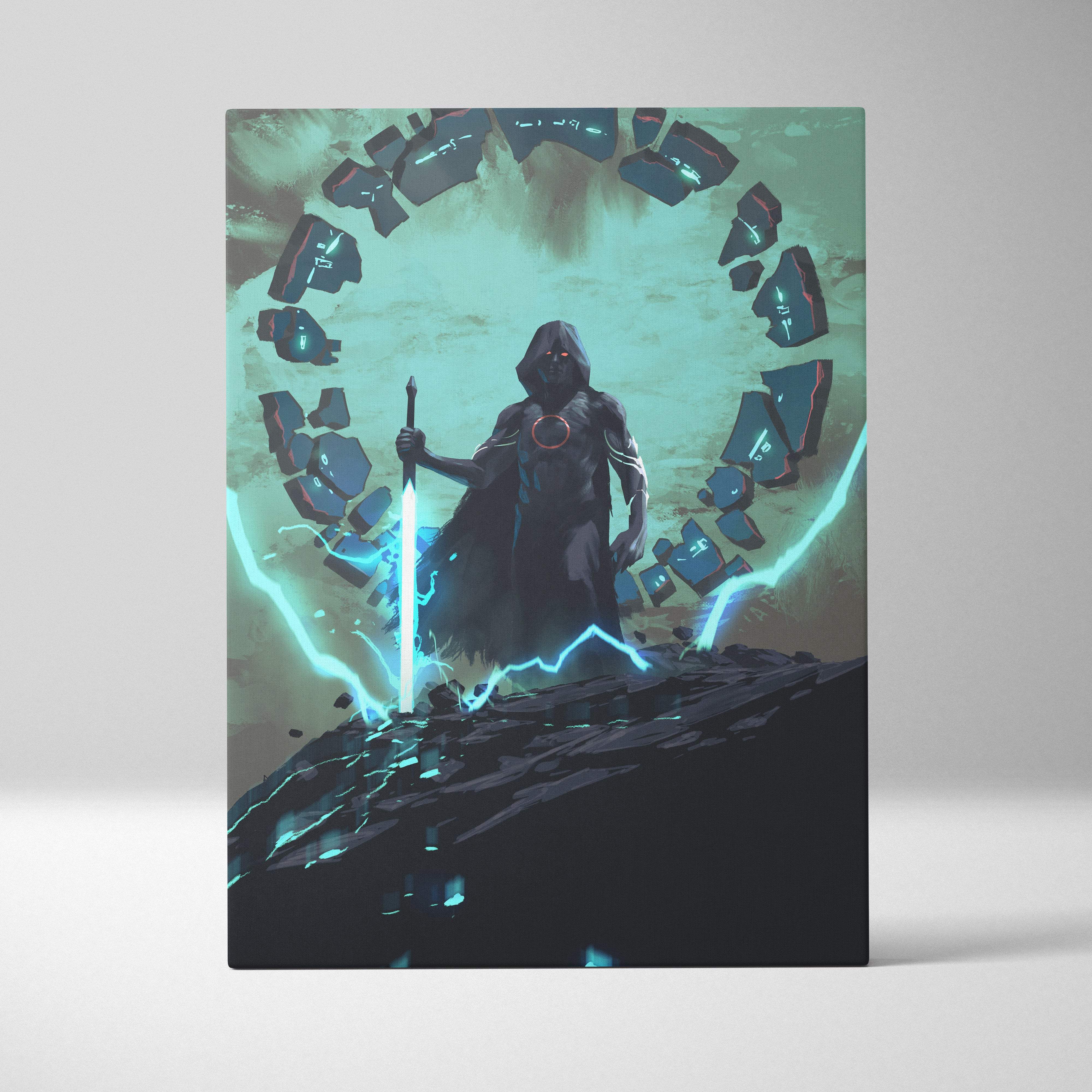 Teal black mystic warrior canvas wall art featuring a dark hooded figure with a glowing blue sword on rocky outcrop