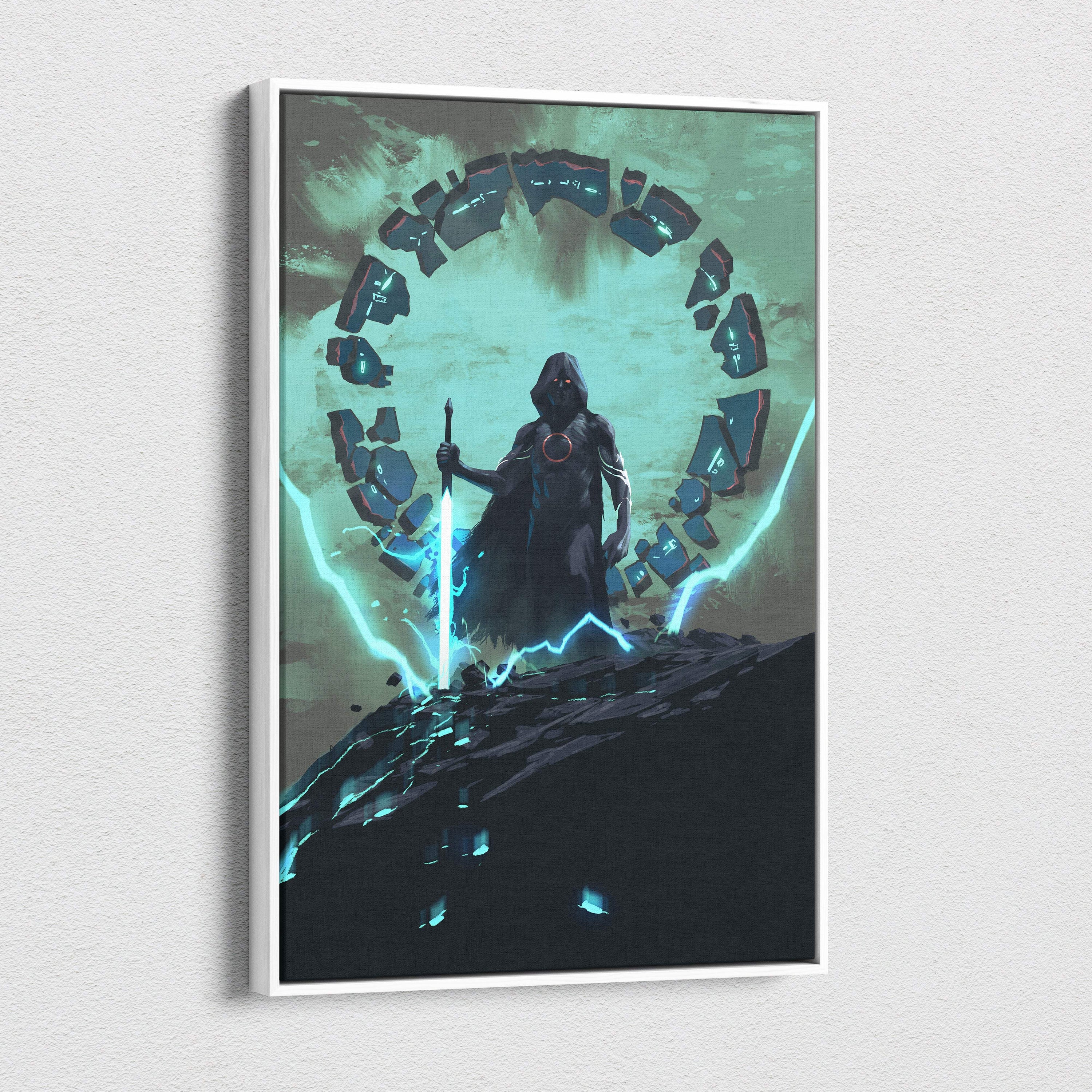 A framed teal black mystic warrior canvas wall art featuring a cloaked figure with glowing blue sword and electric energy