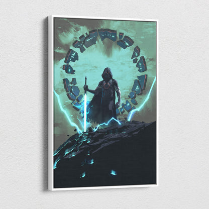 A framed teal black mystic warrior canvas wall art featuring a cloaked figure with glowing blue sword and electric energy