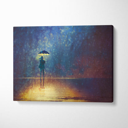 A rectangular canvas print of a solitary figure with umbrella under a moody blue and gold rainy night sky