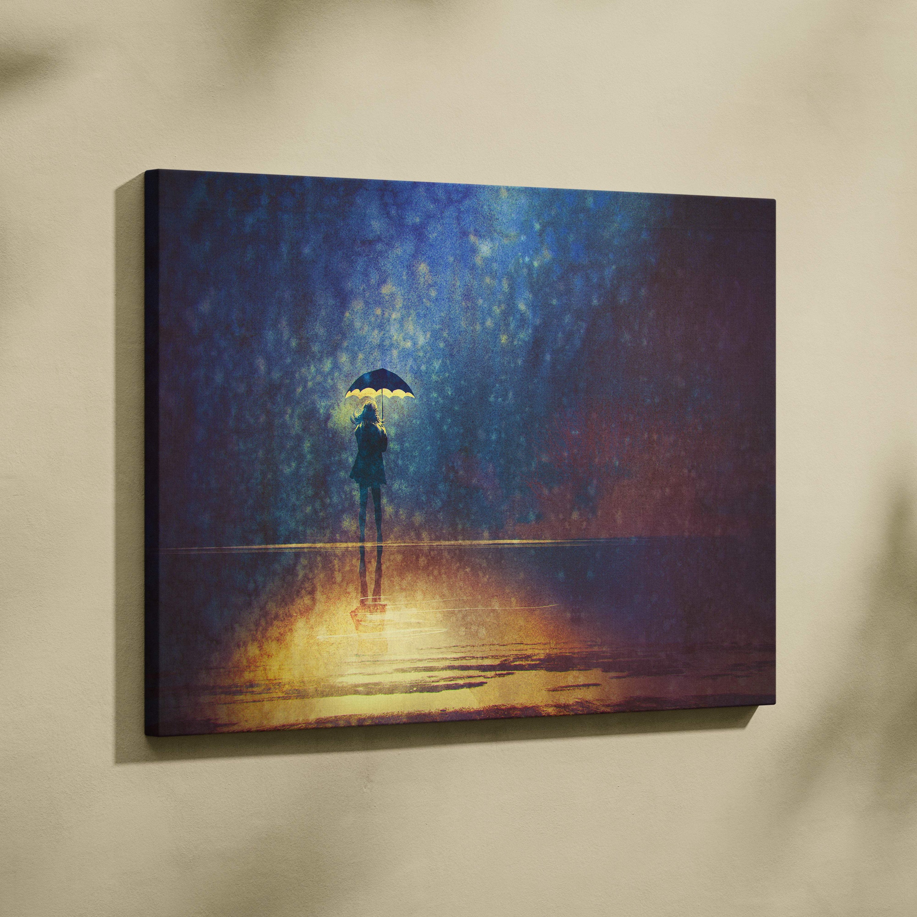 Moody rainy night canvas wall art showing a solitary figure with umbrella under warm golden reflections on wet pavement