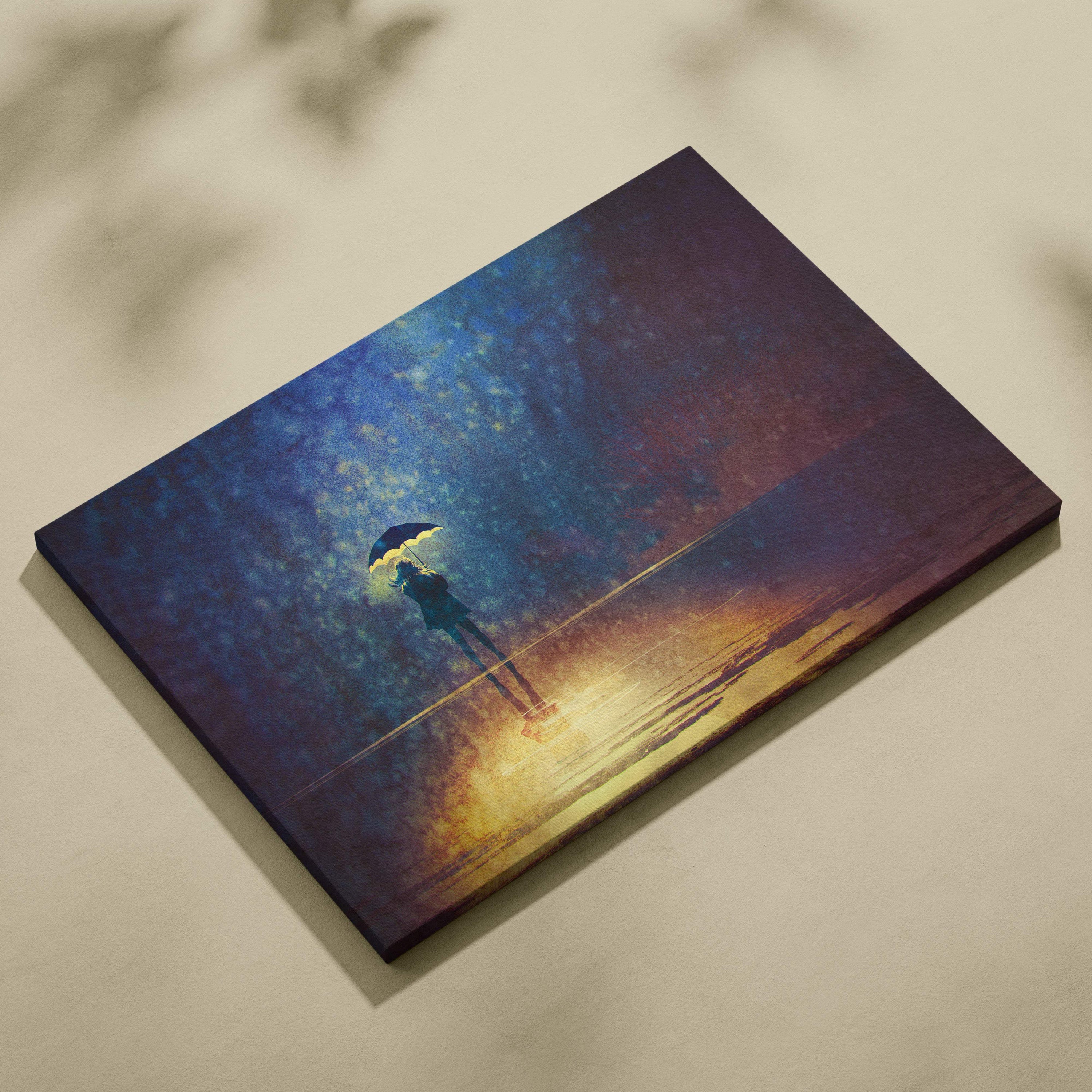 Moody rainy night canvas wall art of a solitary figure holding an umbrella under a vibrant blue and gold twilight sky