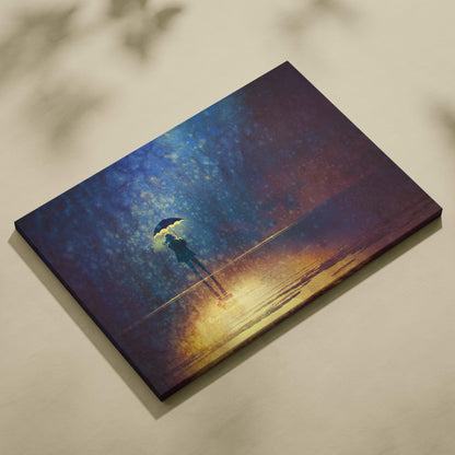 Moody rainy night canvas wall art of a solitary figure holding an umbrella under a vibrant blue and gold twilight sky