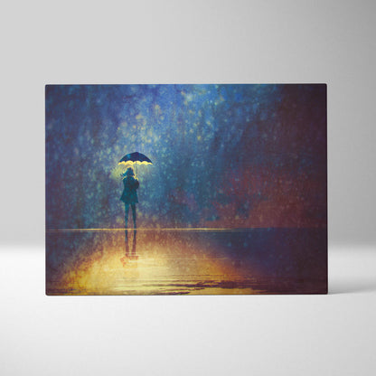 Moody rainy night rectangular canvas print of a solitary figure with umbrella blue and gold abstract texture