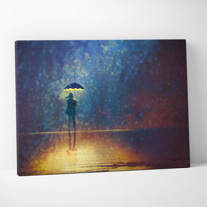 A rectangular canvas print of a solitary figure holding an umbrella under a moody blue and gold rainy sky
