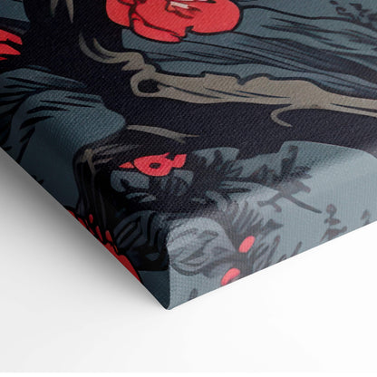 Canvas print featuring stylized red roses and dark foliage on textured deep blue background for bold serene decor