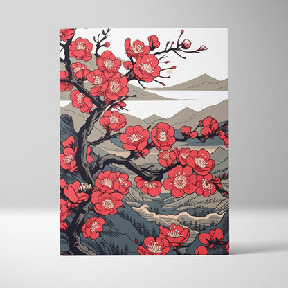 Red cherry blossom mountain canvas wall art with vibrant red flowers on black branches and muted gray blue mountain backdrop