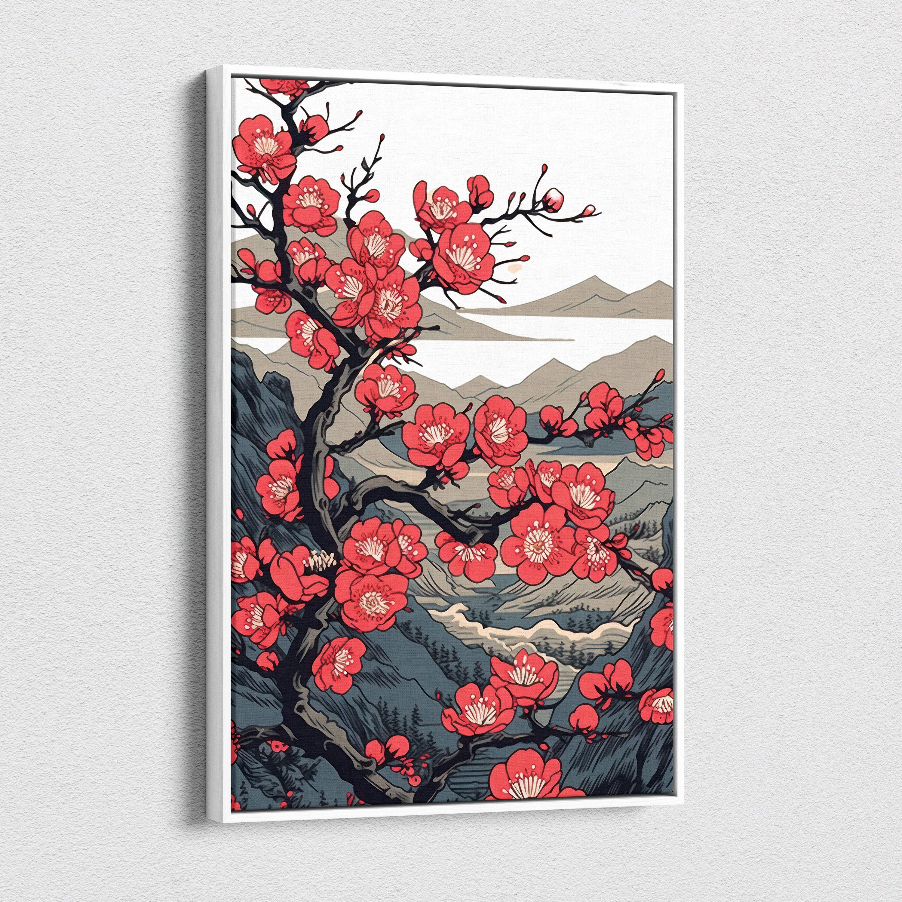 Framed red cherry blossom mountain canvas wall art with black branches and grey peaks in a bold serene japanese ink style