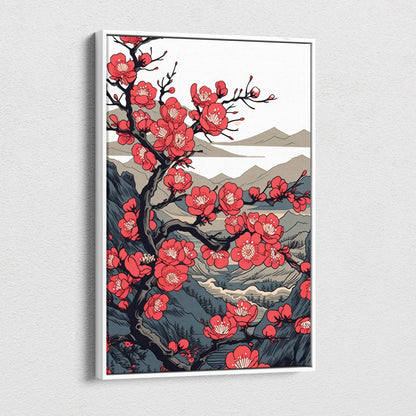 Framed red cherry blossom mountain canvas wall art with black branches and grey peaks in a bold serene japanese ink style