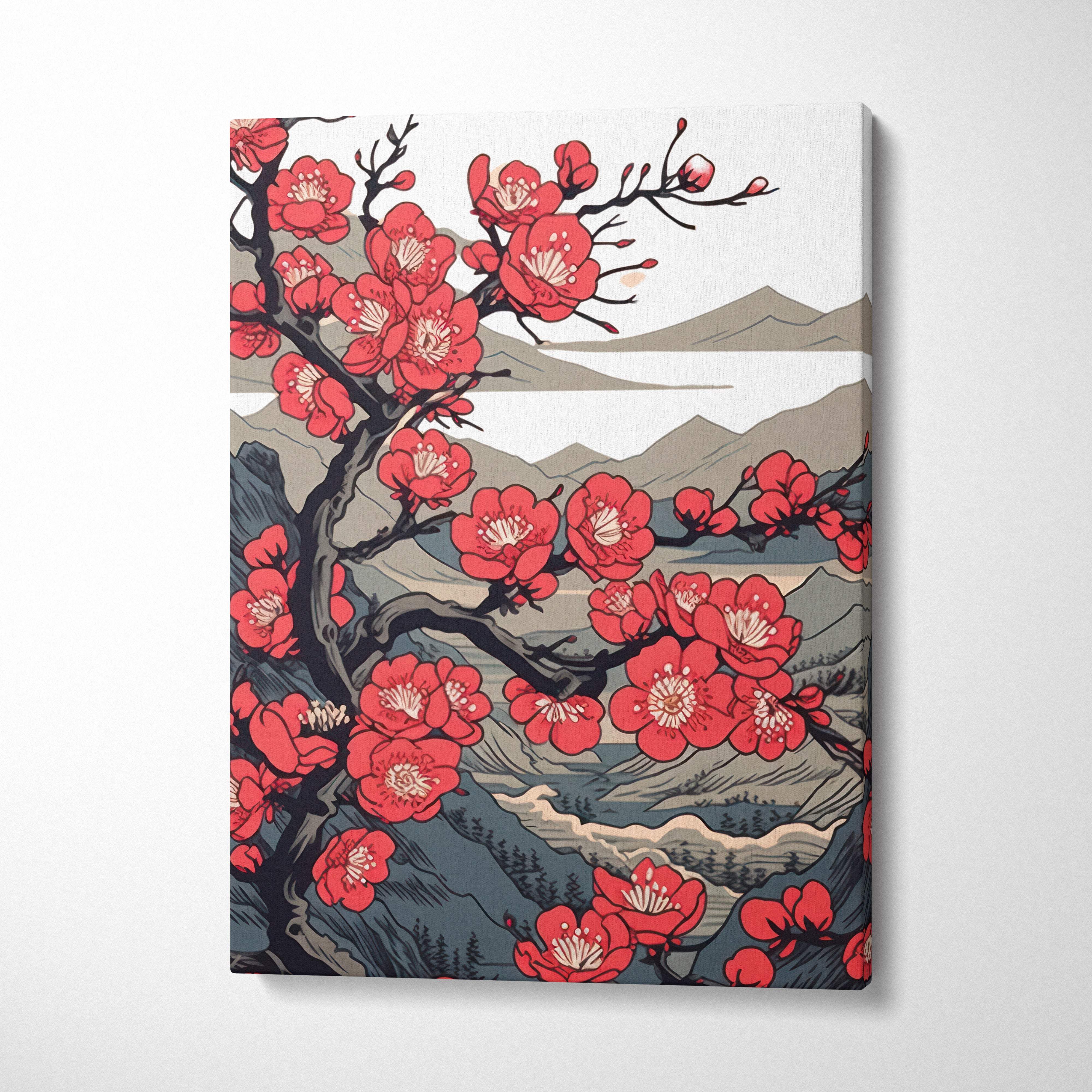 Red cherry blossom mountain canvas wall art with vibrant red flowers on black branches over gray and blue peaks