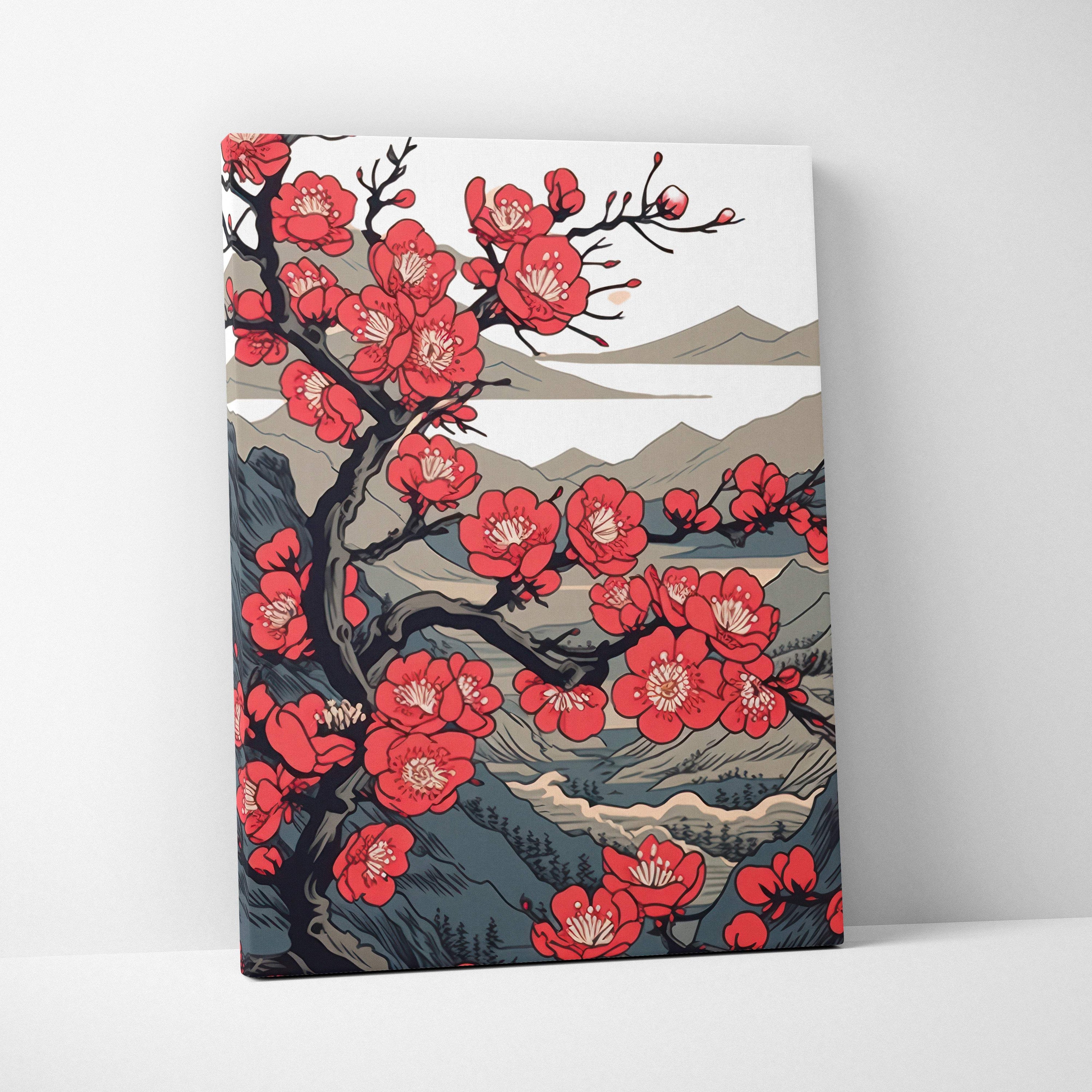 A rectangular canvas print of red cherry blossoms on black branches with layered grey mountain peaks in japanese ink style