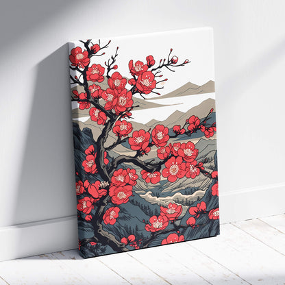 Red cherry blossom mountain canvas wall art with vibrant red flowers, stylized black branches, and muted grey peaks