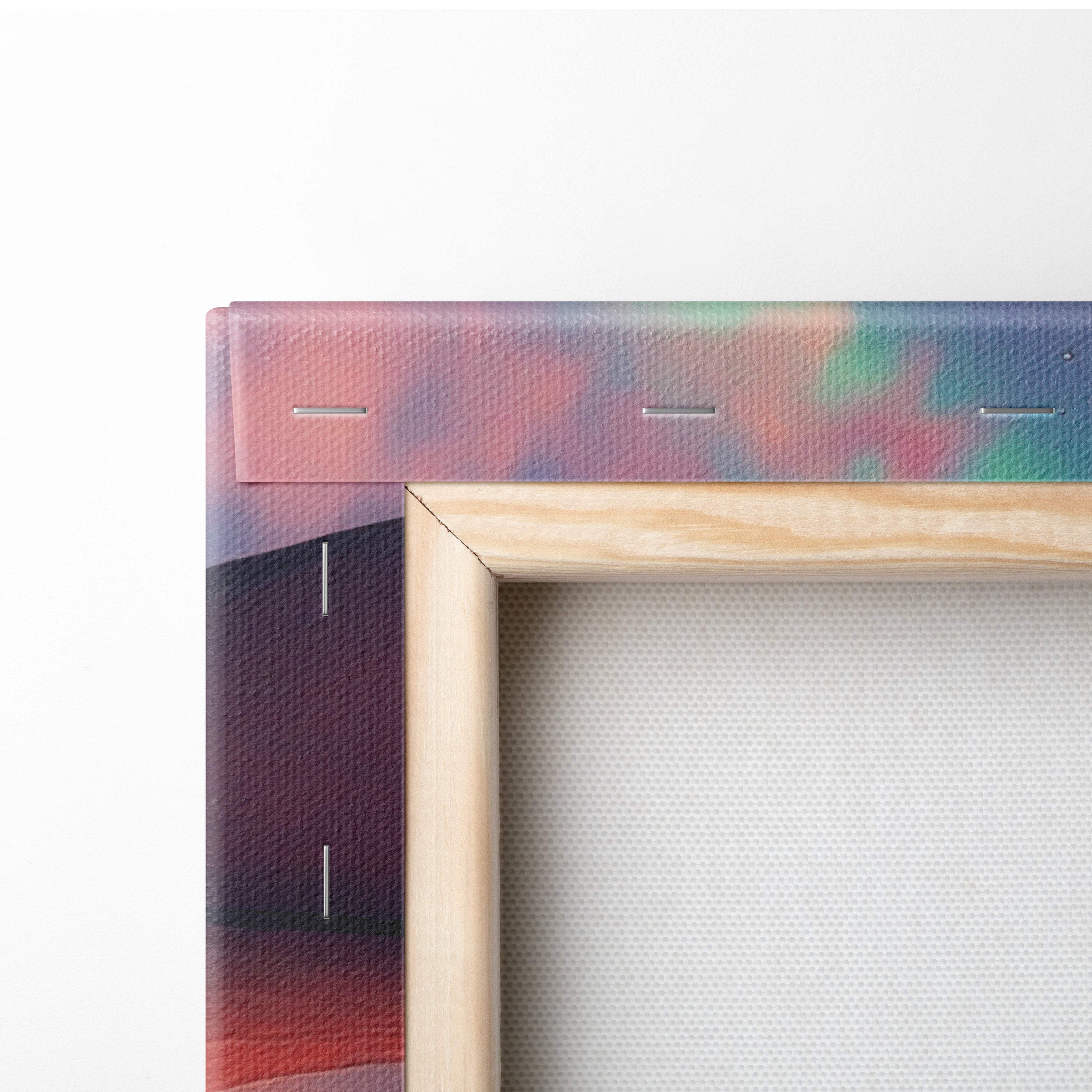 A wooden-framed canvas wall art featuring a vibrant pink purple and teal abstract gradient titled majestic dragon at sunset