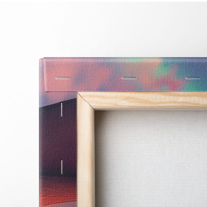 A wooden-framed canvas wall art featuring a vibrant pink purple and teal abstract gradient titled majestic dragon at sunset