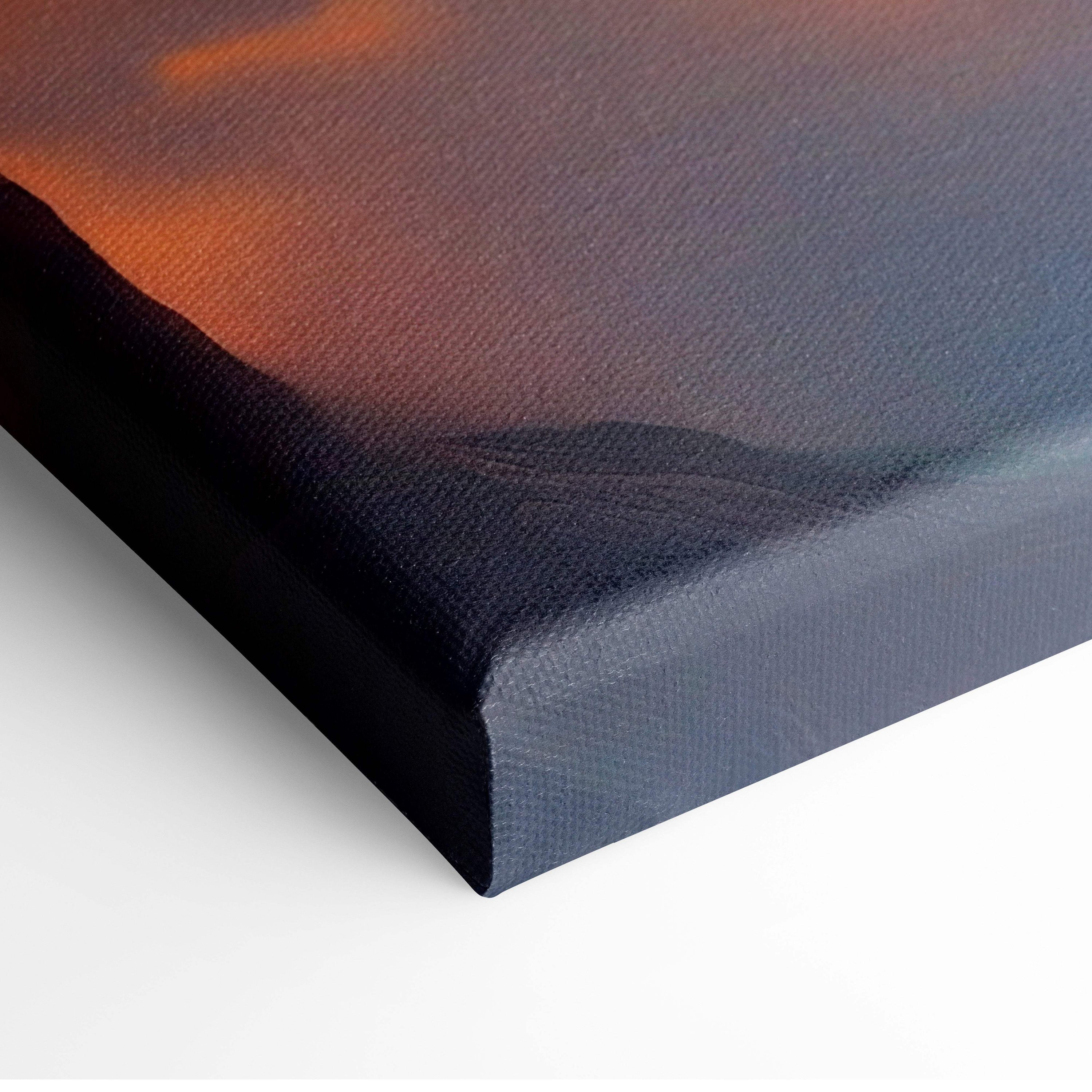 Black canvas print with textured surface showing majestic dragon at sunset in warm orange to cool blue hues