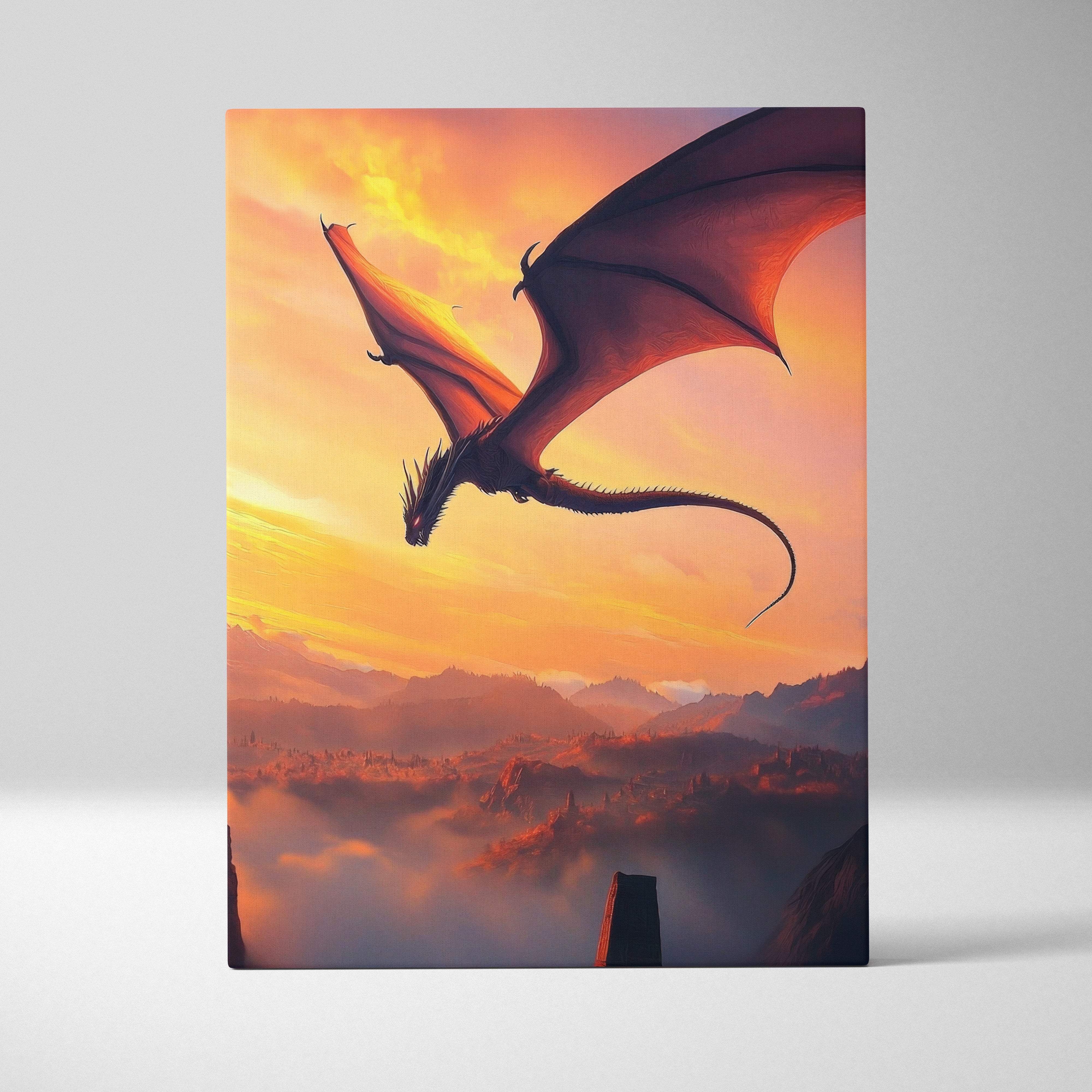 Majestic dragon at sunset canvas wall art featuring a black dragon with expansive wings soaring over golden sky and misty mountains