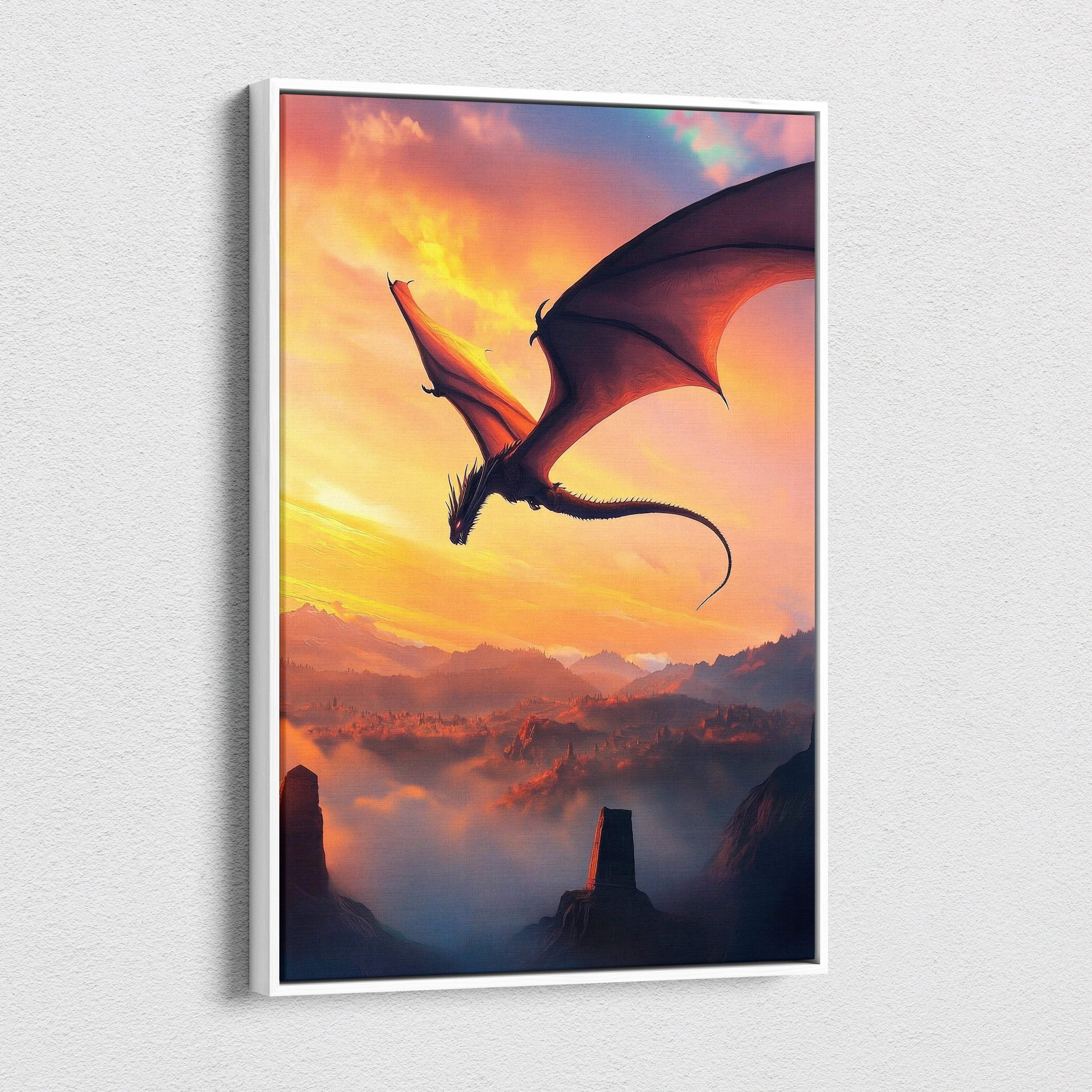 A framed canvas print showing a majestic dragon soaring over misty mountains at sunset with vibrant orange and pink hues