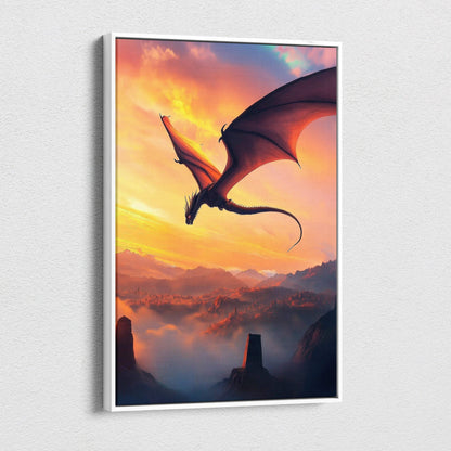 A framed canvas print showing a majestic dragon soaring over misty mountains at sunset with vibrant orange and pink hues