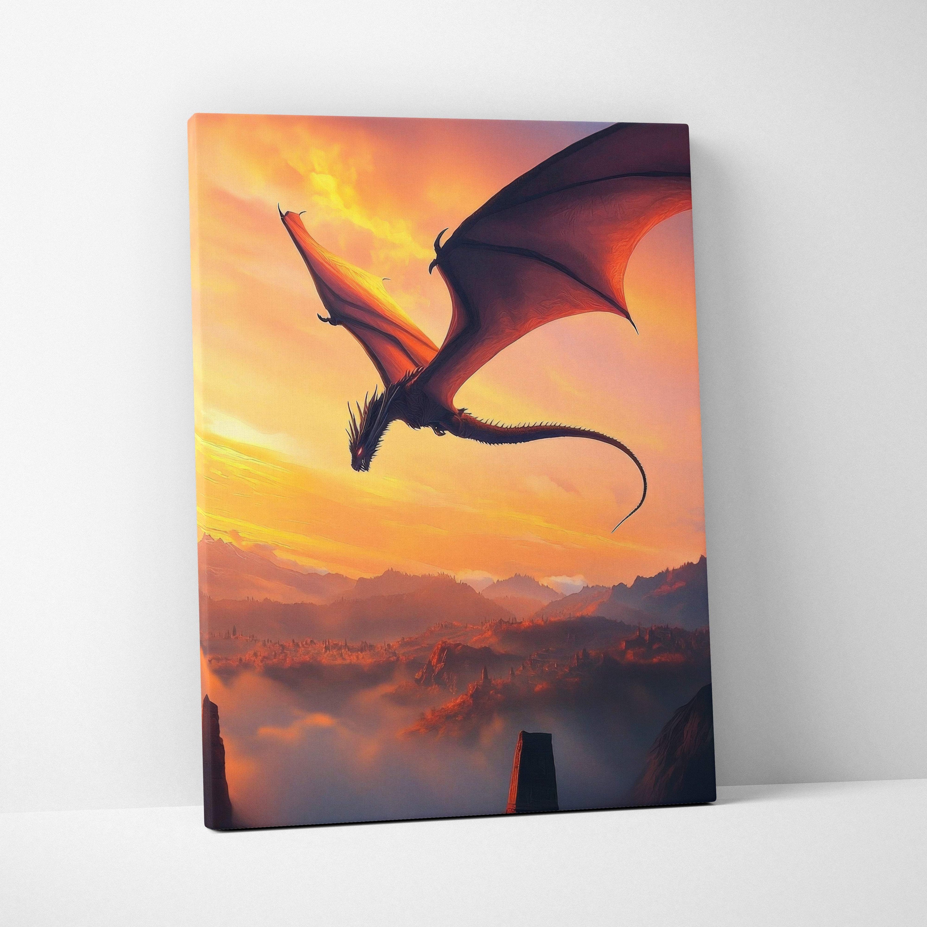 A vibrant canvas wall art of a majestic dragon soaring over misty mountains at sunset with golden sky and aurora