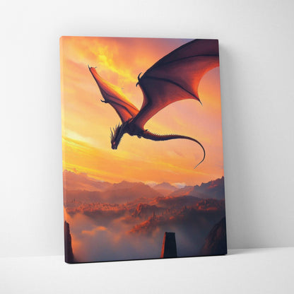 A vibrant canvas wall art of a majestic dragon soaring over misty mountains at sunset with golden sky and aurora