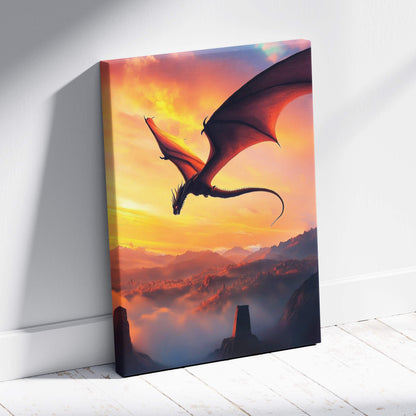 Vibrant canvas wall art featuring a soaring red dragon over misty mountains with a golden sunset sky and aurora