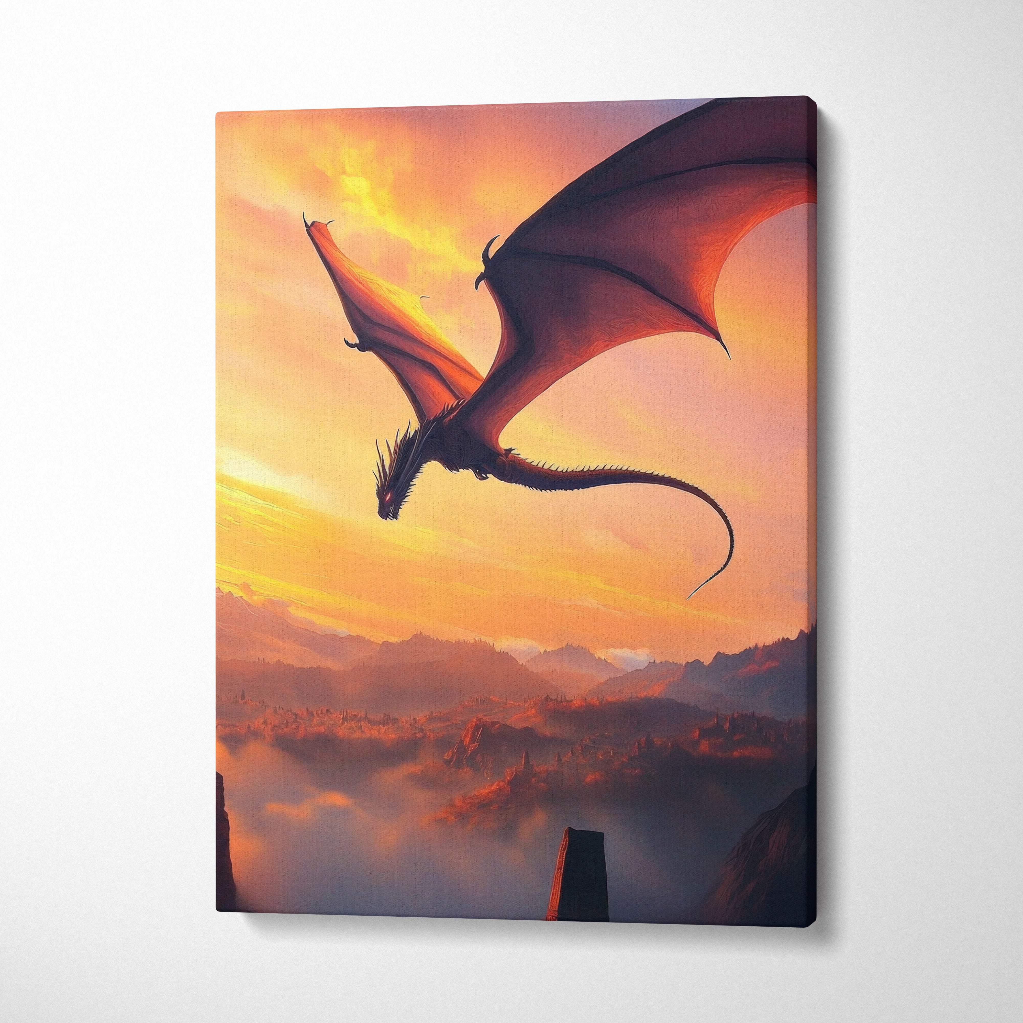 A vibrant canvas print of a majestic red dragon soaring against an orange and yellow sunset sky