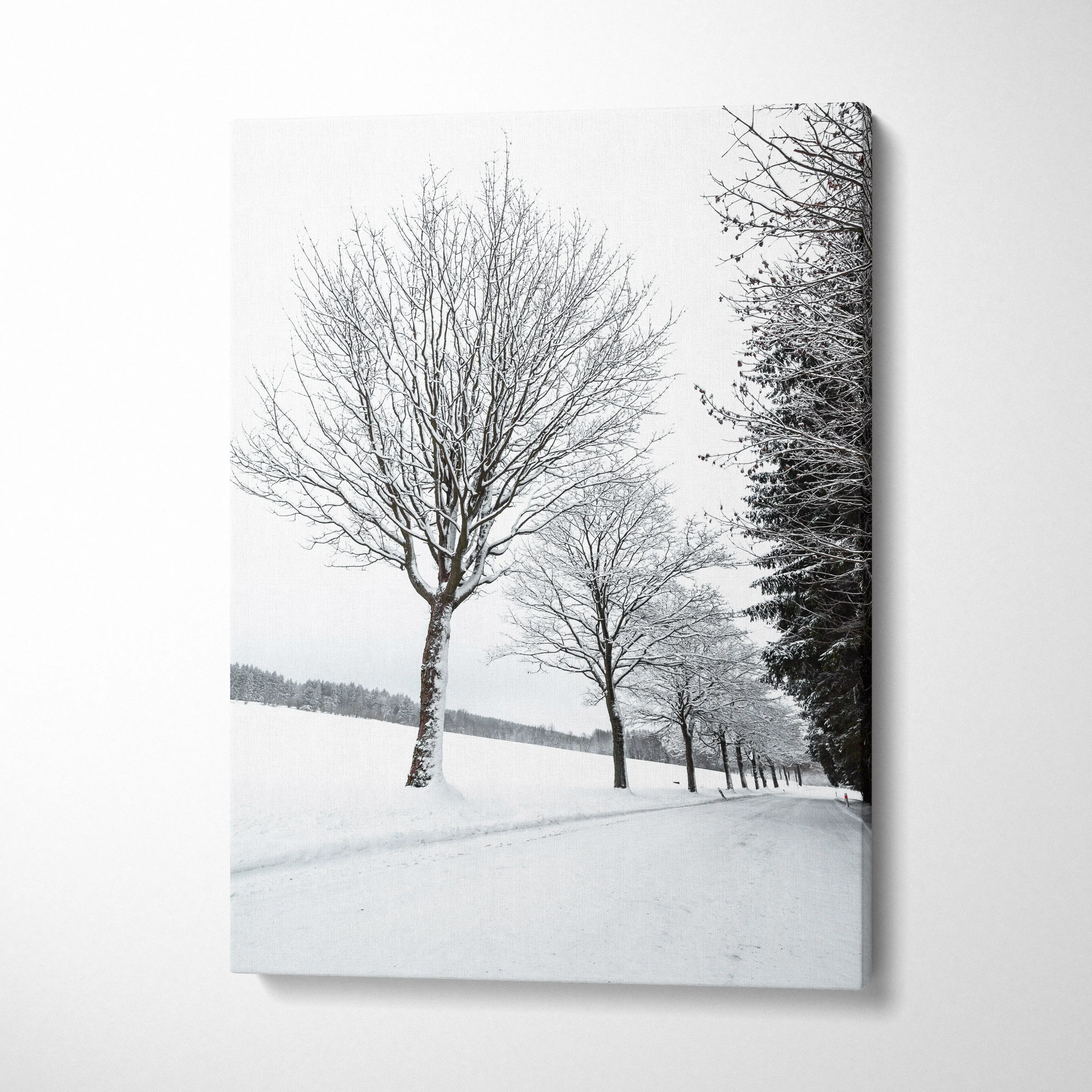 Vertical canvas wall art featuring a snowy winter landscape with bare trees and a snow-covered path for home decor.