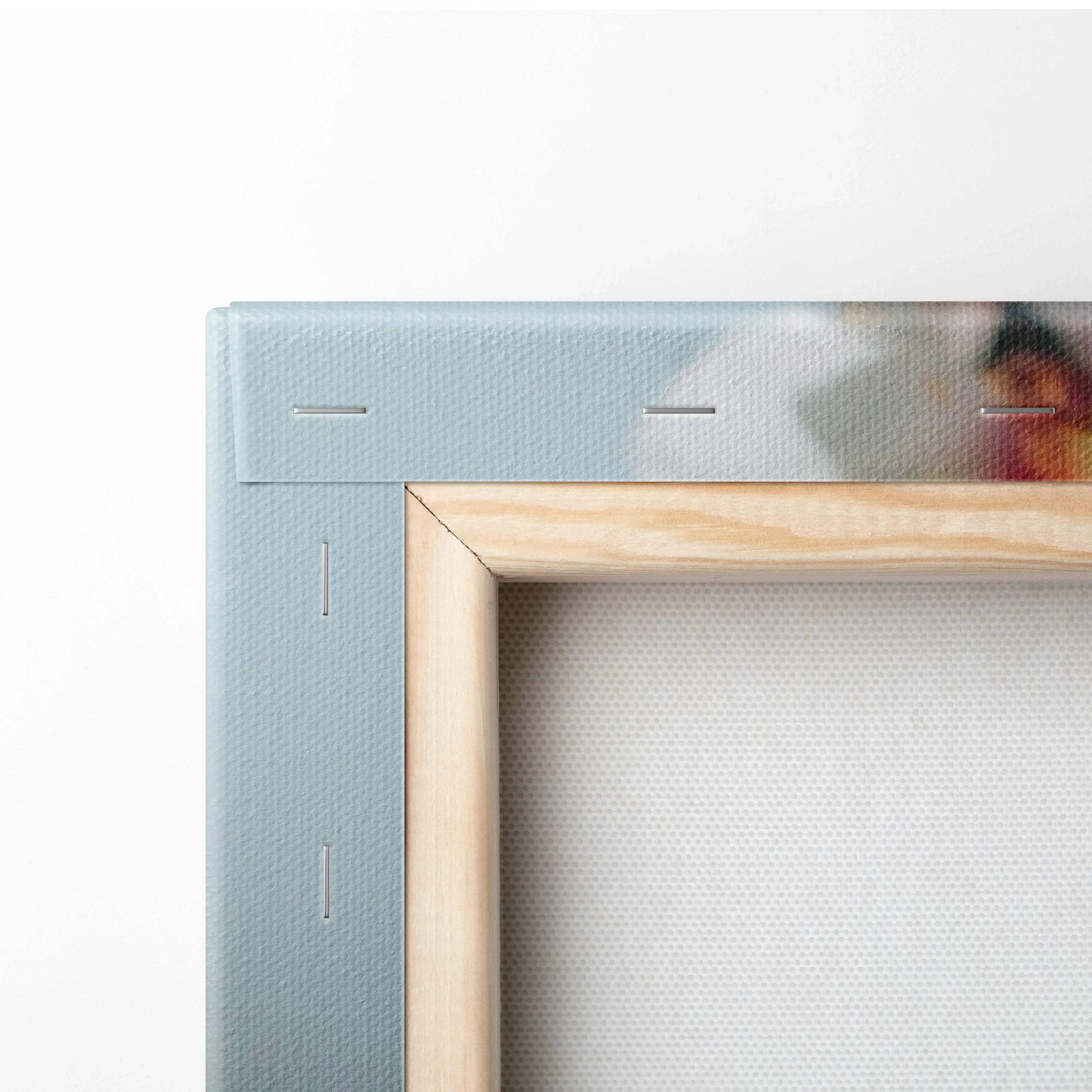 Light blue canvas of soft focus almond blossom in natural wood frame