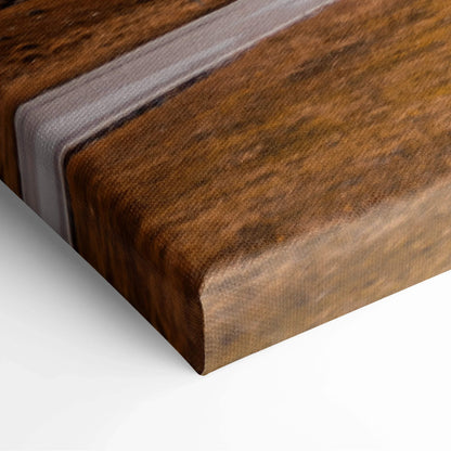 Close-up of textured brown canvas art with sharp wrapped edges for wall art display.