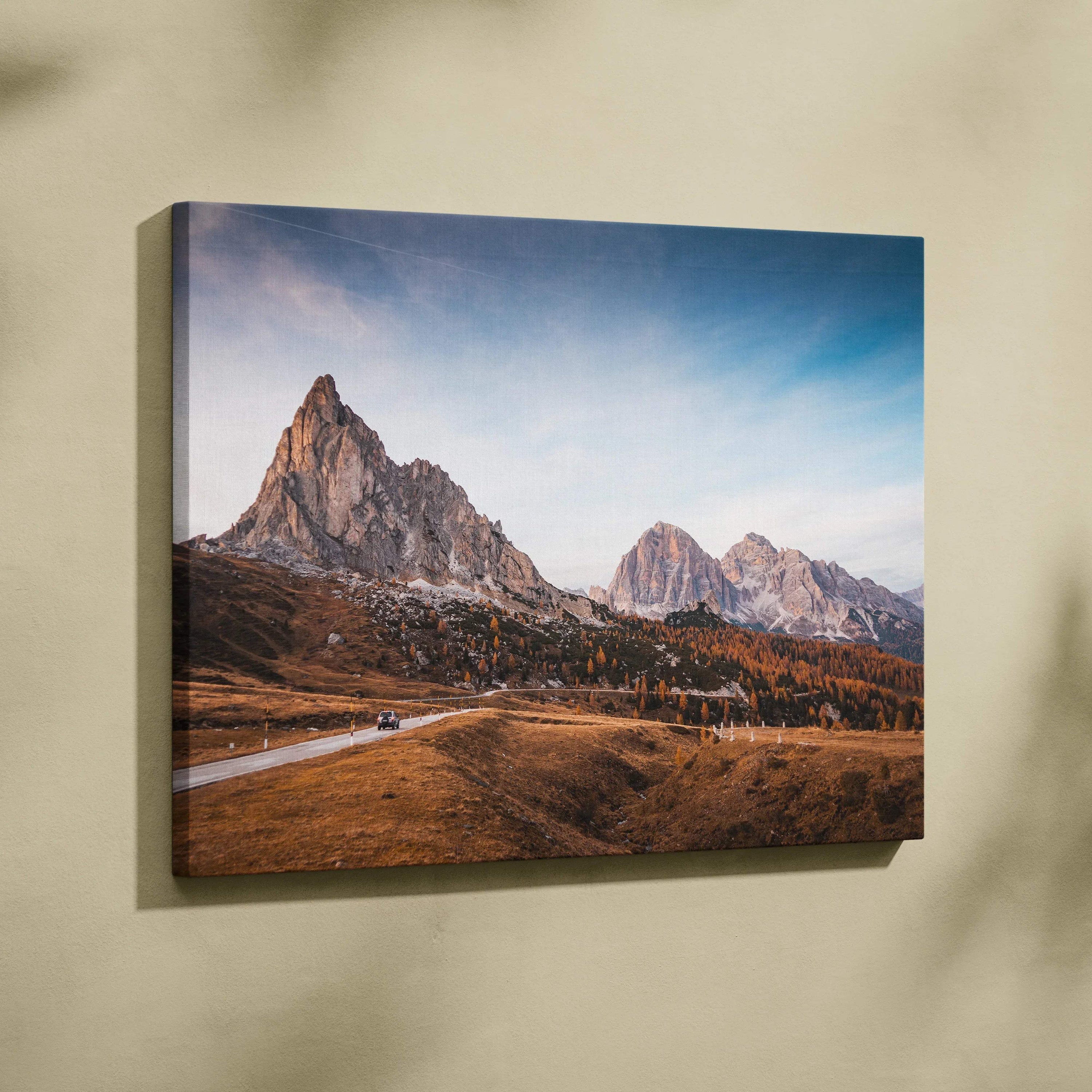 Autumn mountain landscape canvas art with golden leaves and vibrant sky wall art.