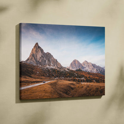 Autumn mountain landscape canvas art with golden leaves and vibrant sky wall art.
