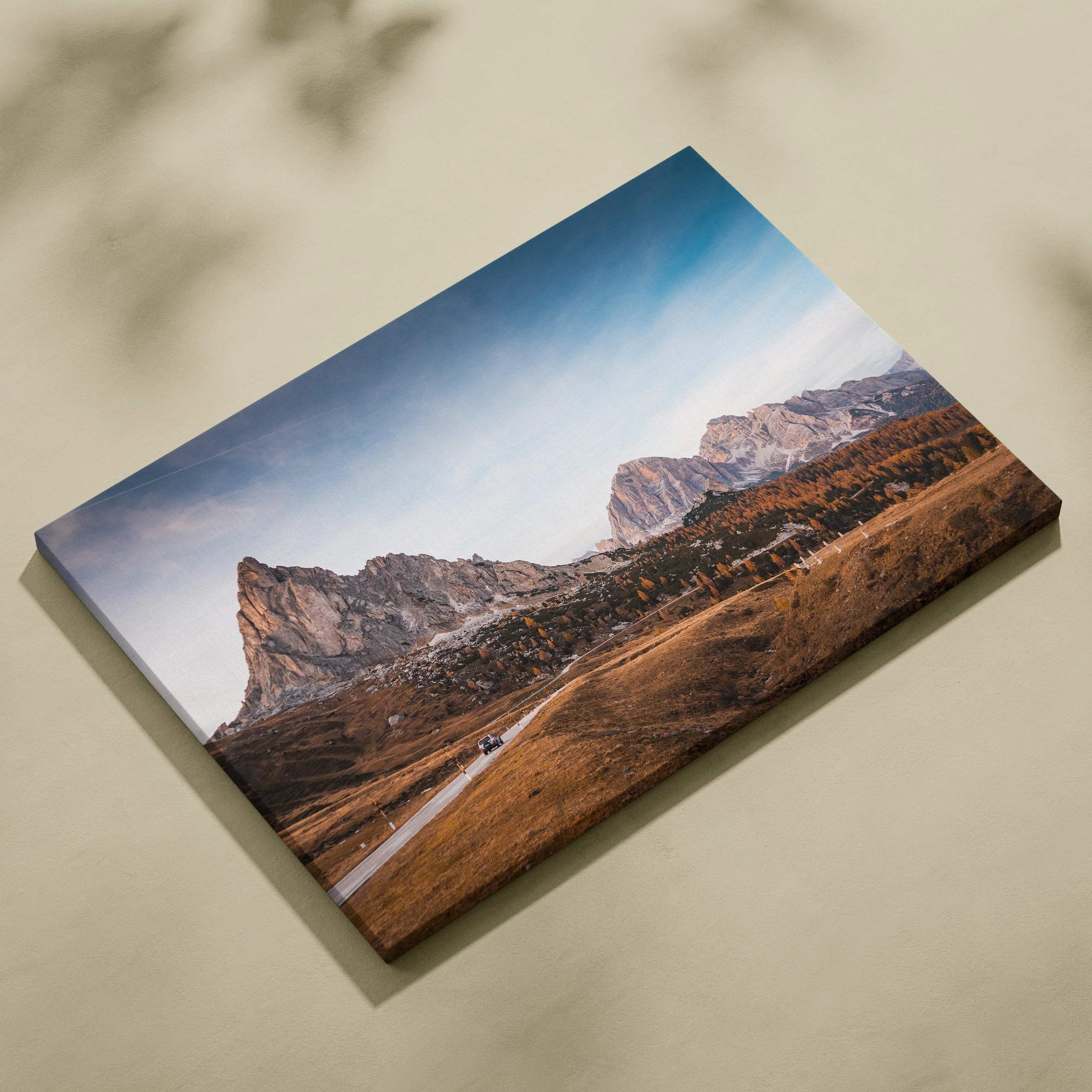 Autumn mountain landscape canvas art with golden leaves and colorful sky wall art.