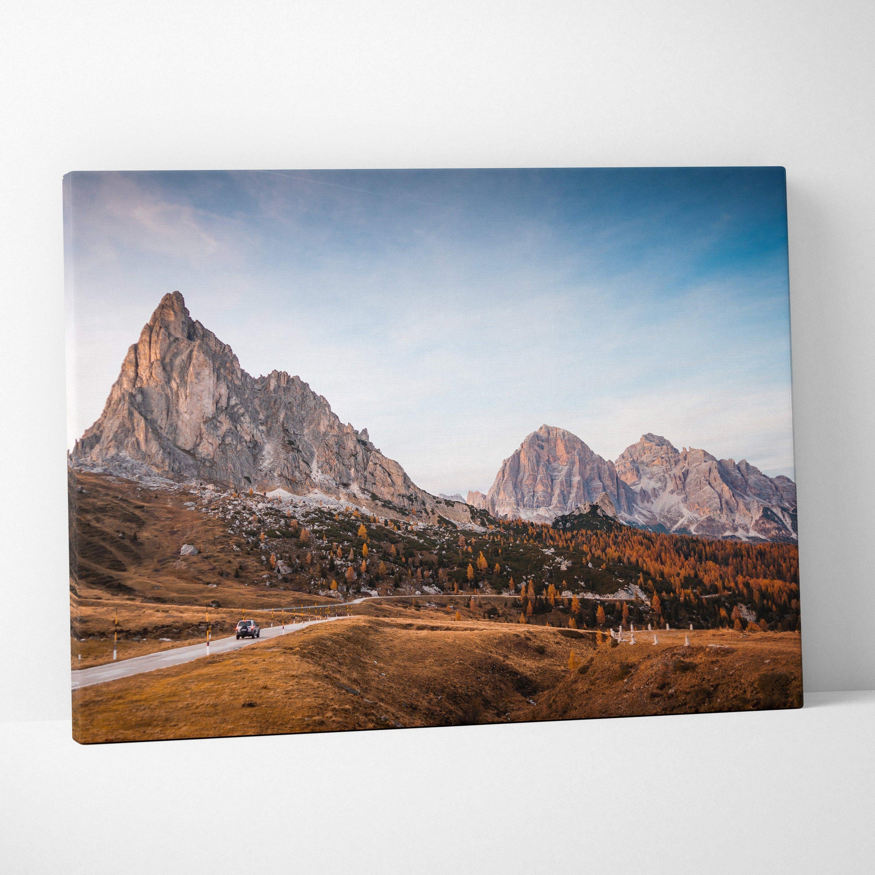 Autumn mountain landscape canvas art with golden trees and colorful sky wall art.