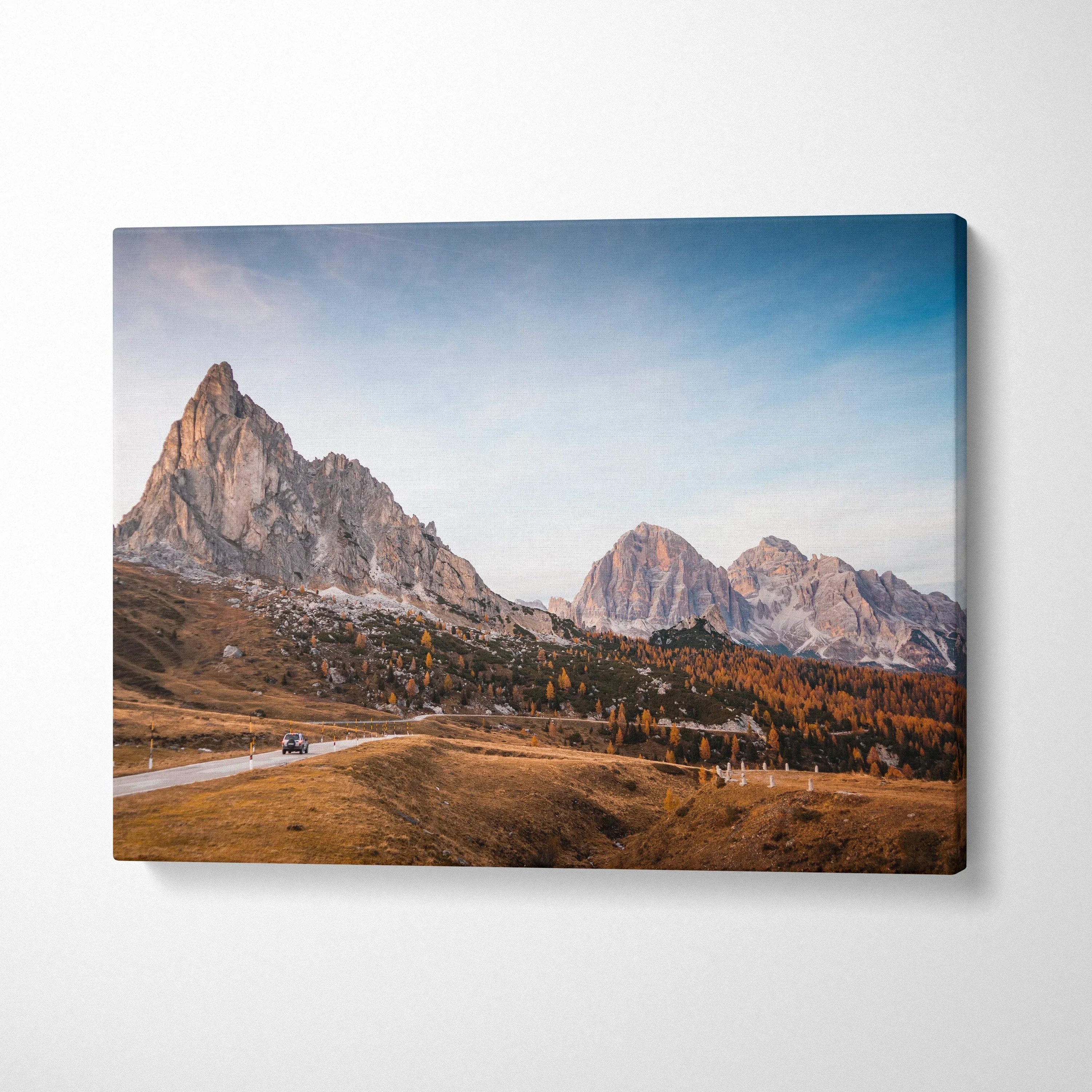 Autumn mountain landscape canvas art with golden leaves and vibrant sky wall art.