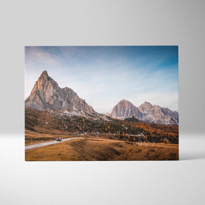 Autumn mountain landscape canvas art with golden leaves and vivid blue sky wall art.