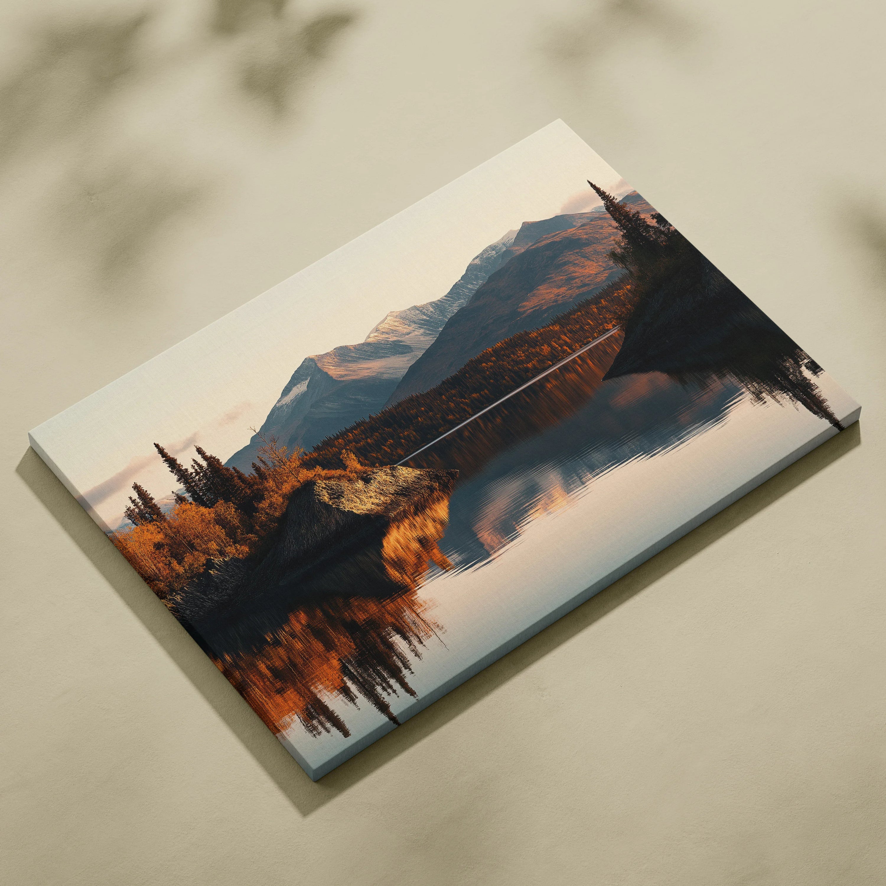 Autumn mountains canvas wall art with vibrant fall foliage and clear lake reflection.