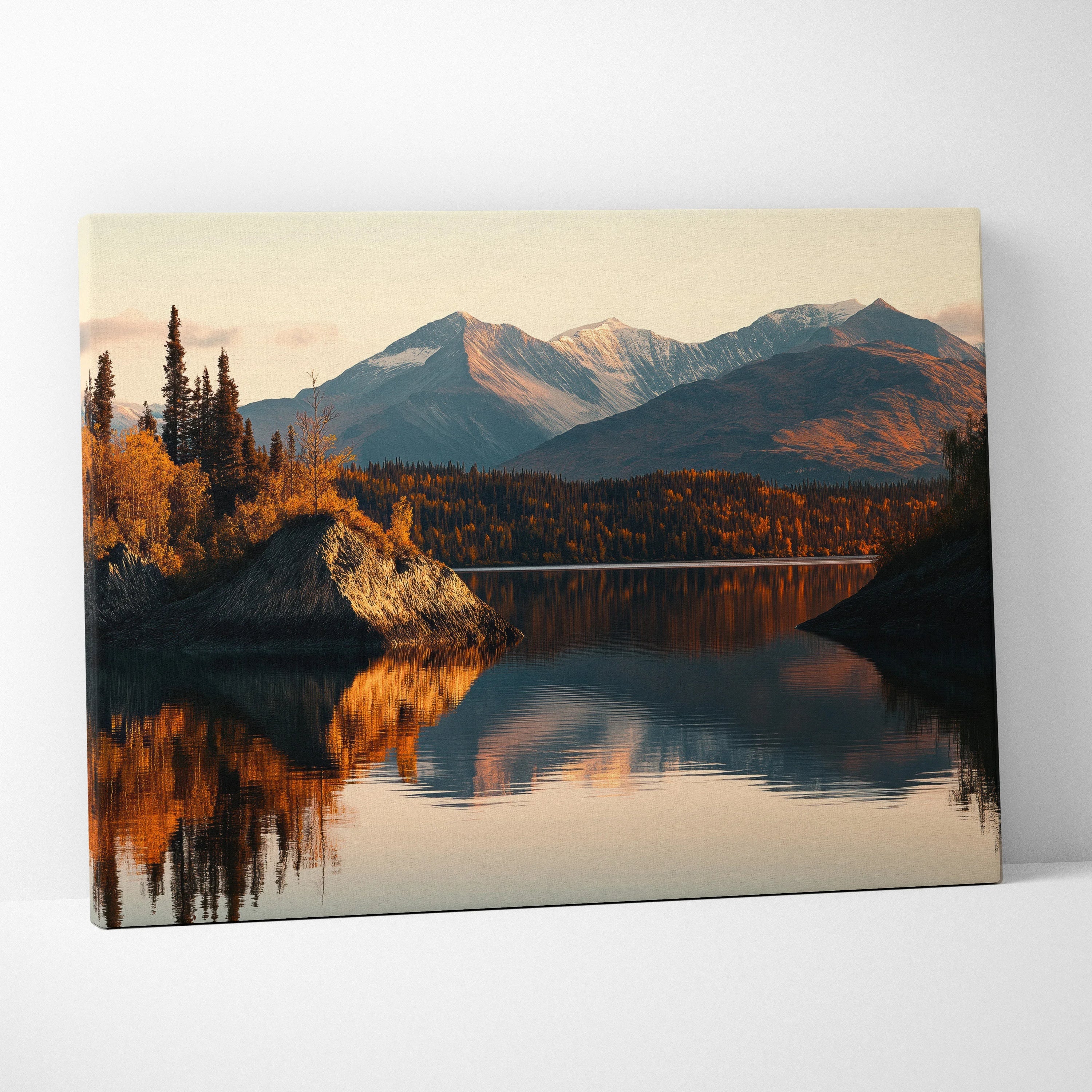 Autumn mountains canvas wall art with vibrant fall foliage and calm lake reflection.