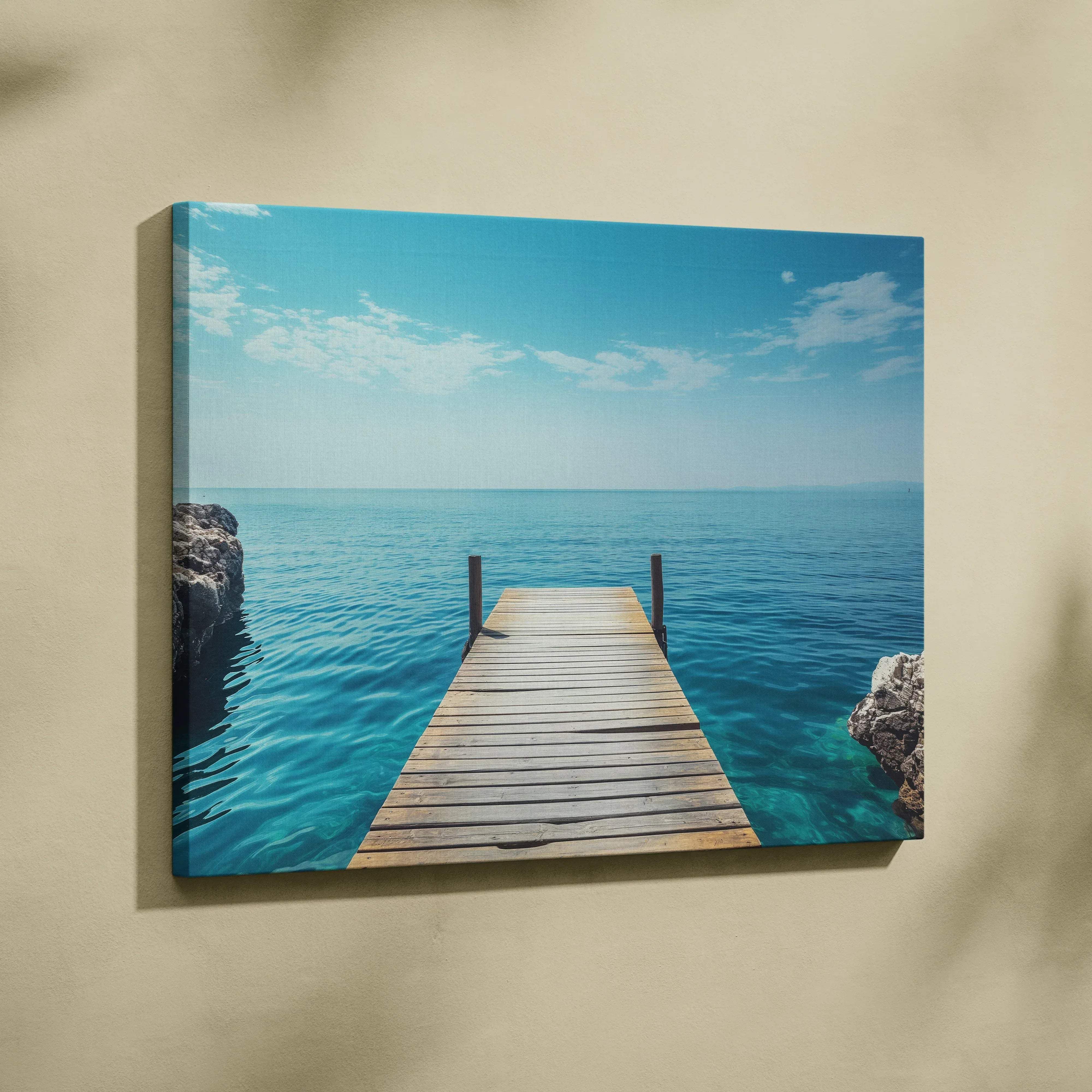 Square canvas print of wooden pier over turquoise ocean under blue sky