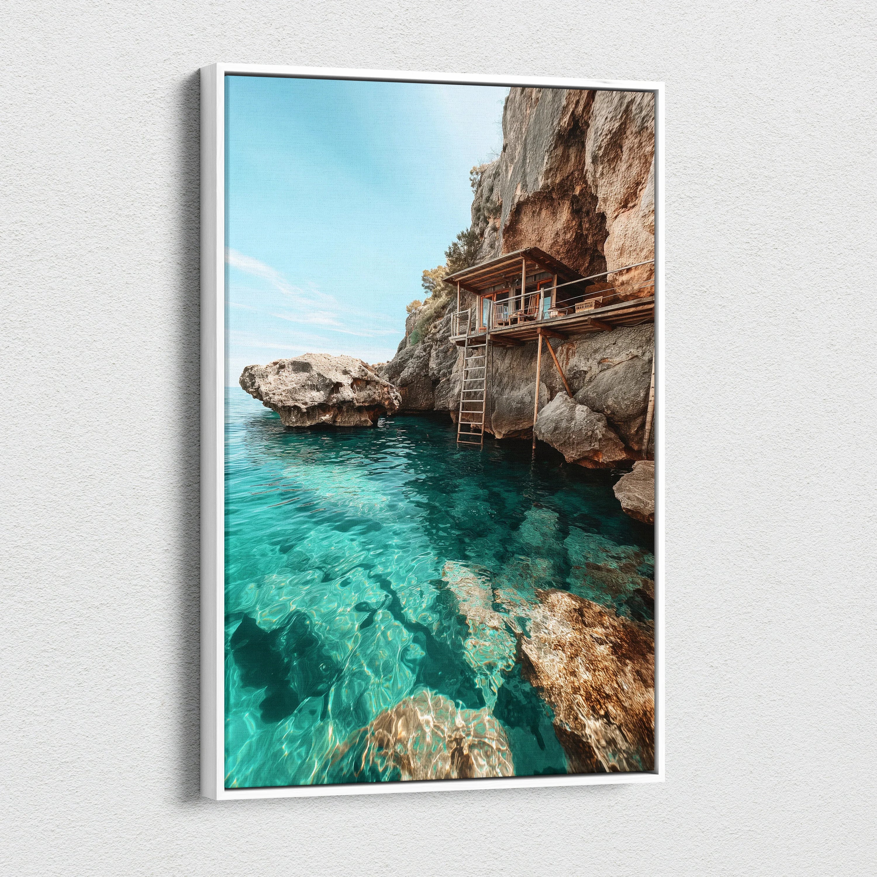 Canvas wall art featuring a clear turquoise sea with rocky cliffs and wooden stairs leading into the water.