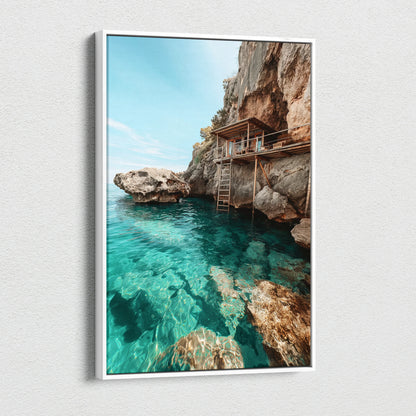 Canvas wall art featuring a clear turquoise sea with rocky cliffs and wooden stairs leading into the water.